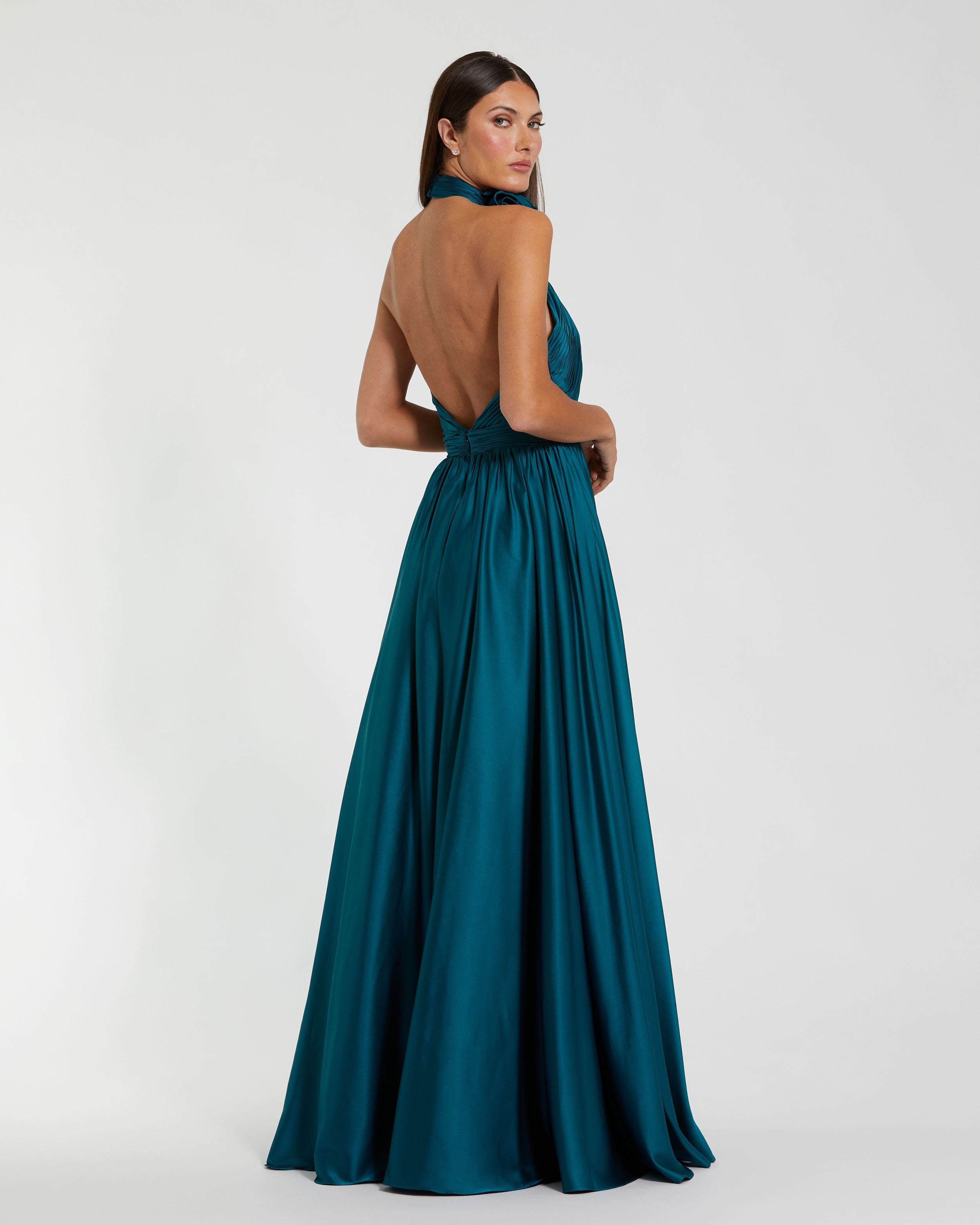 Teal Halter Neck Open Back Satin Gown With Slit Ieena for Mac Duggal