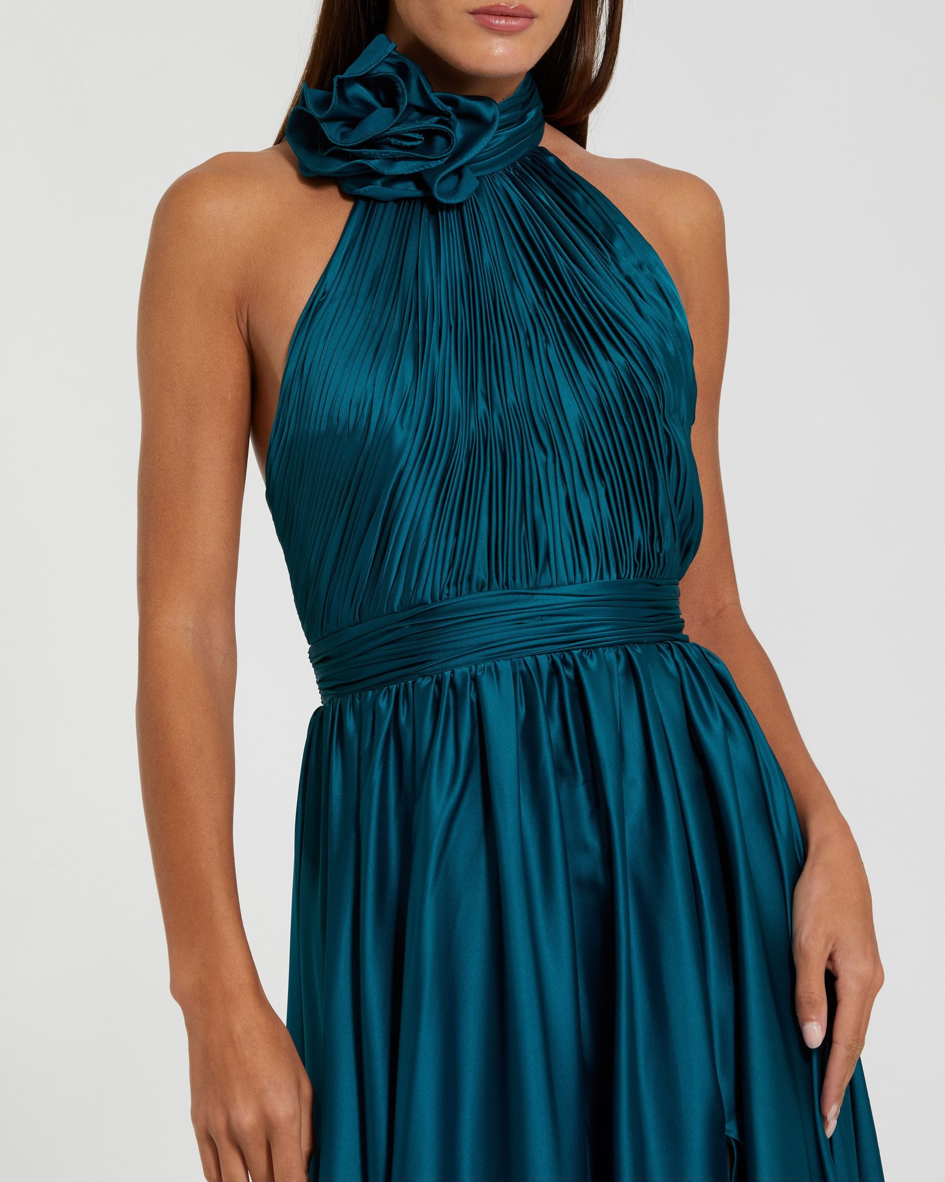 Teal Halter Neck Open Back Satin Gown With Slit Ieena for Mac Duggal