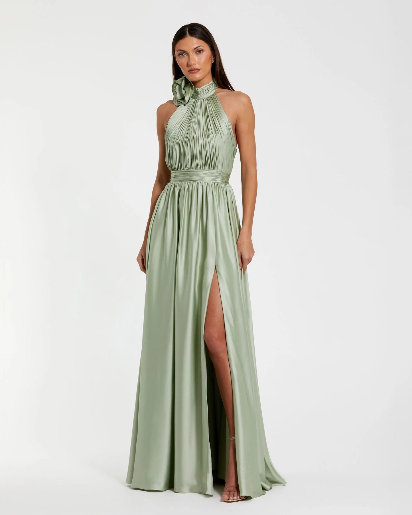 Green Soft Tie Halter Neck High Slit Gown | Mac Duggal US 6 Green Soft Tie Halter Neck High Slit Gown | Mac Duggal US 6