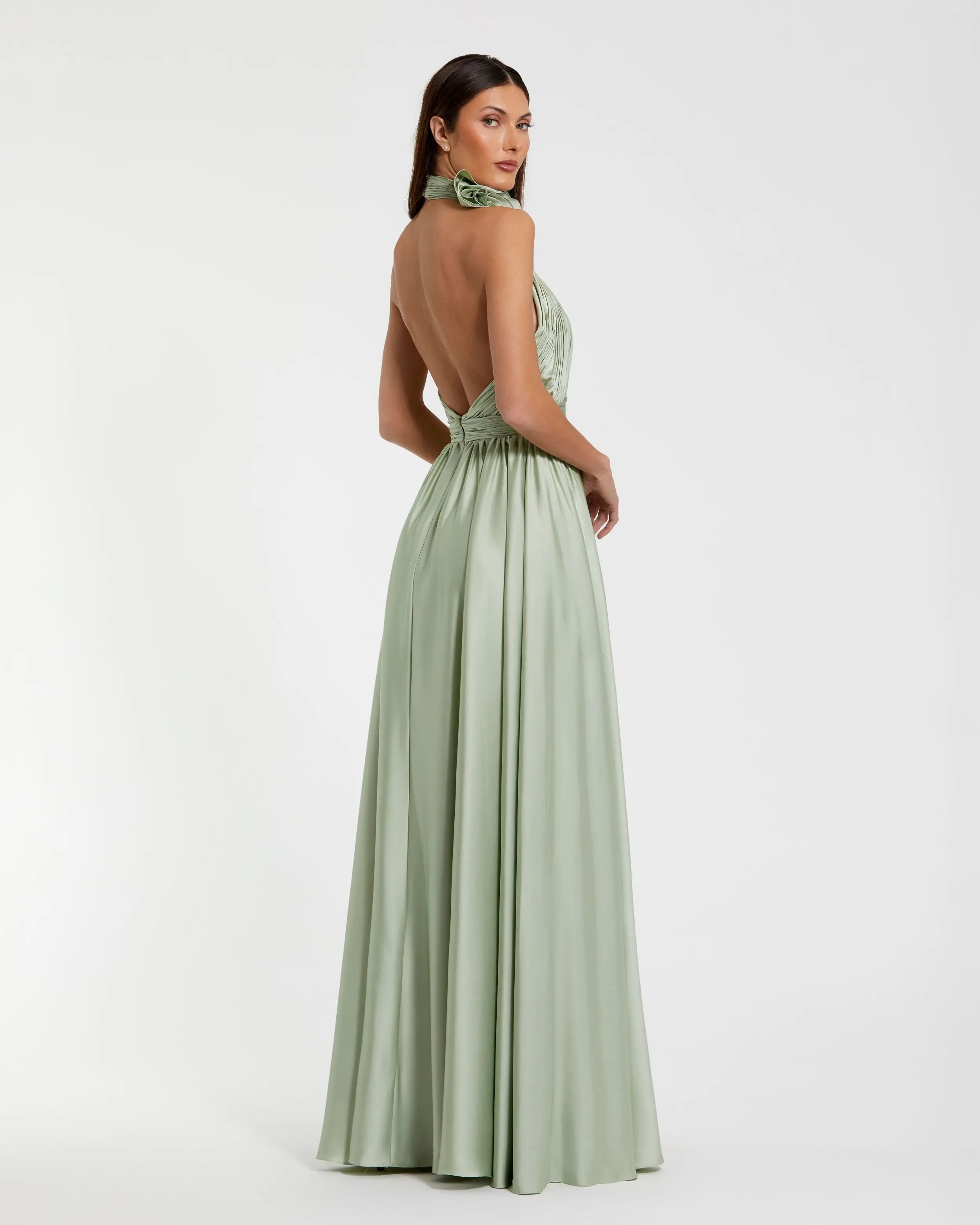 Green Soft Tie Halter Neck High Slit Gown Ieena for Mac Duggal