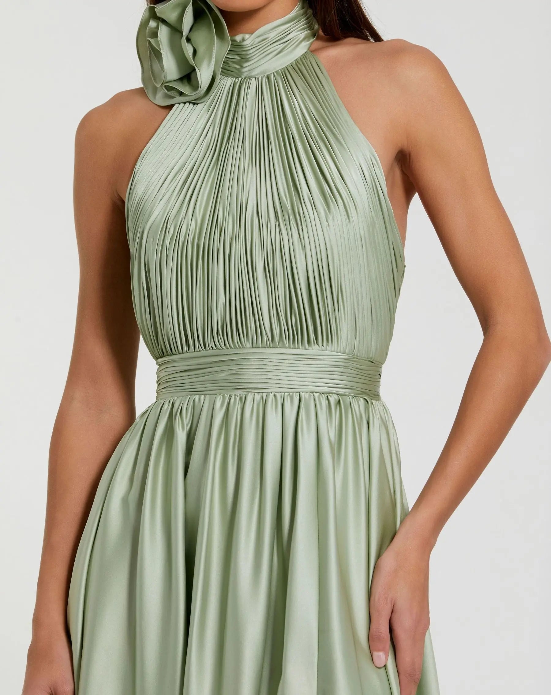 Green Soft Tie Halter Neck High Slit Gown | Mac Duggal US 6 Green Soft Tie Halter Neck High Slit Gown | Mac Duggal US 6