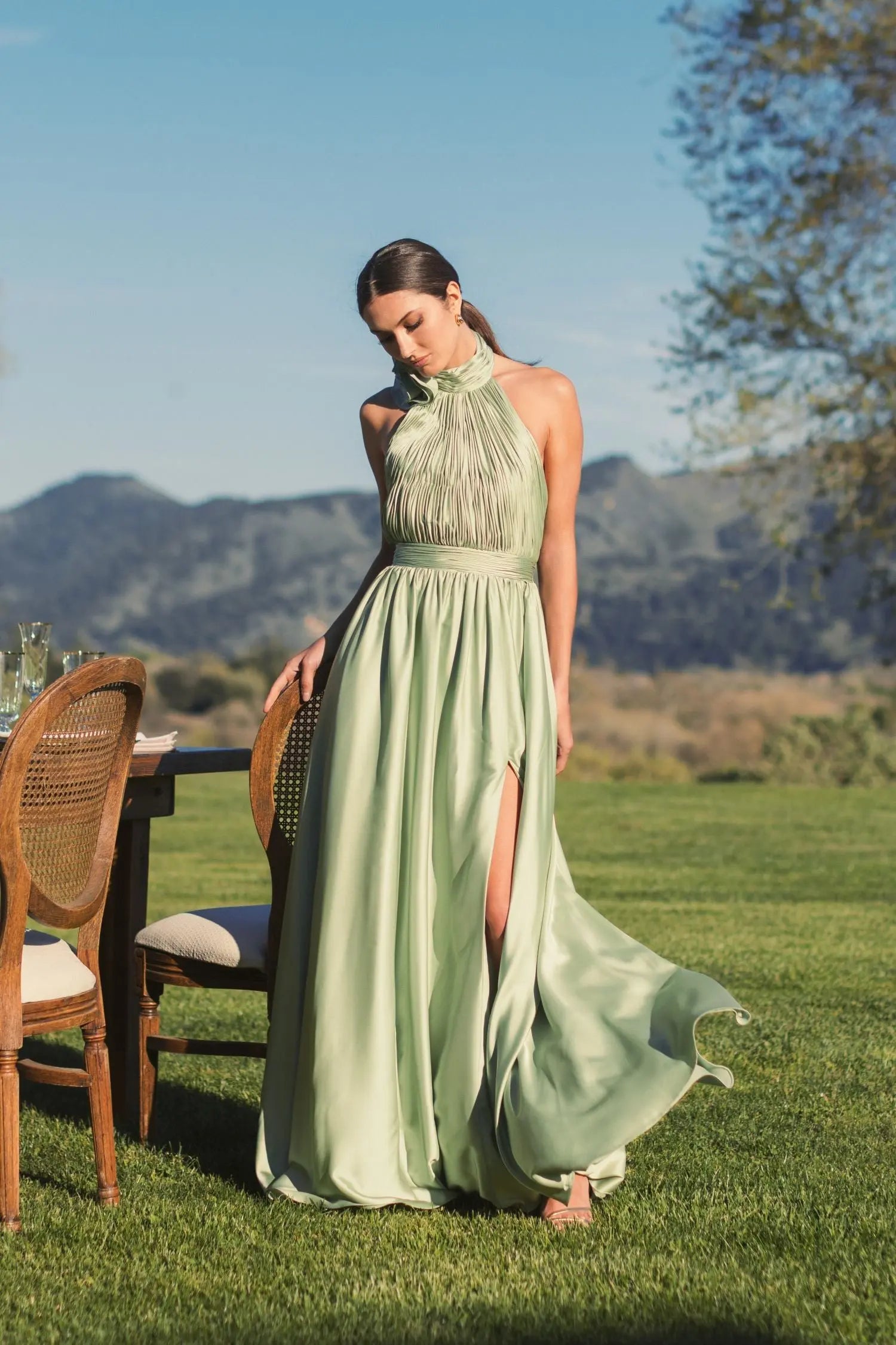 Green Soft Tie Halter Neck High Slit Gown | Mac Duggal US 6 Green Soft Tie Halter Neck High Slit Gown | Mac Duggal US 6