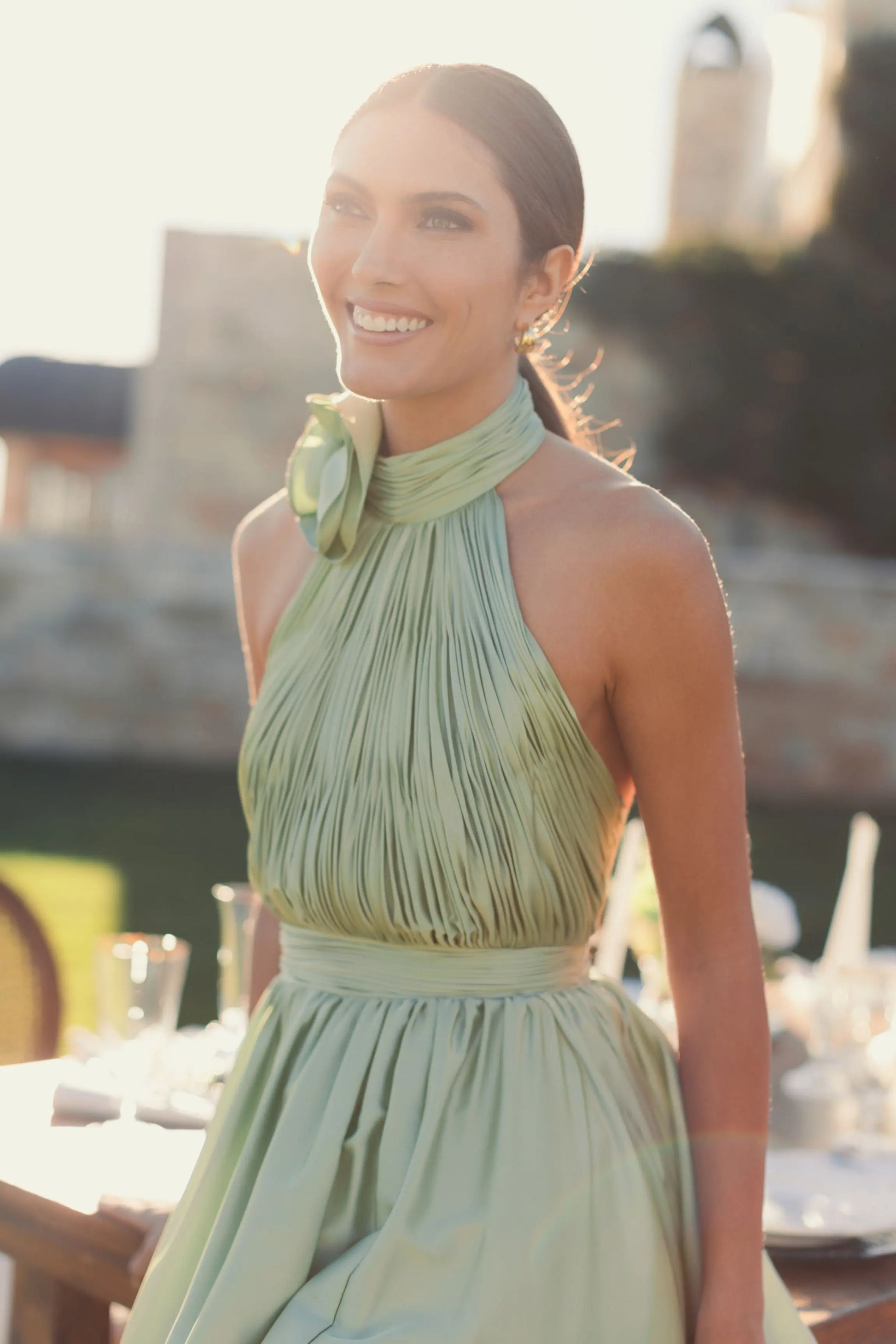 Green Halter Neck Open Back Satin Gown With Slit | Mac Duggal Green Halter Neck Open Back Satin Gown With Slit | Mac Duggal