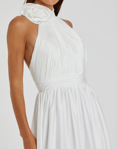 White Soft Tie Halter Neck High Slit Gown