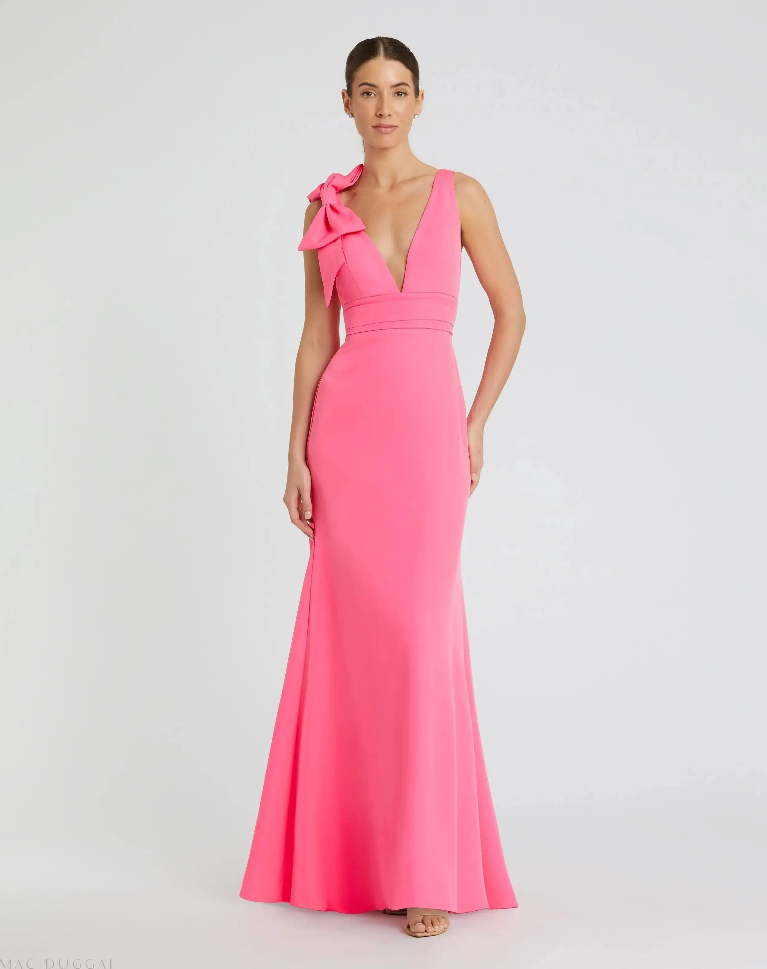 Pink Sleeveless V Neck Bow Detail Mermaid Gown - Mac Duggal