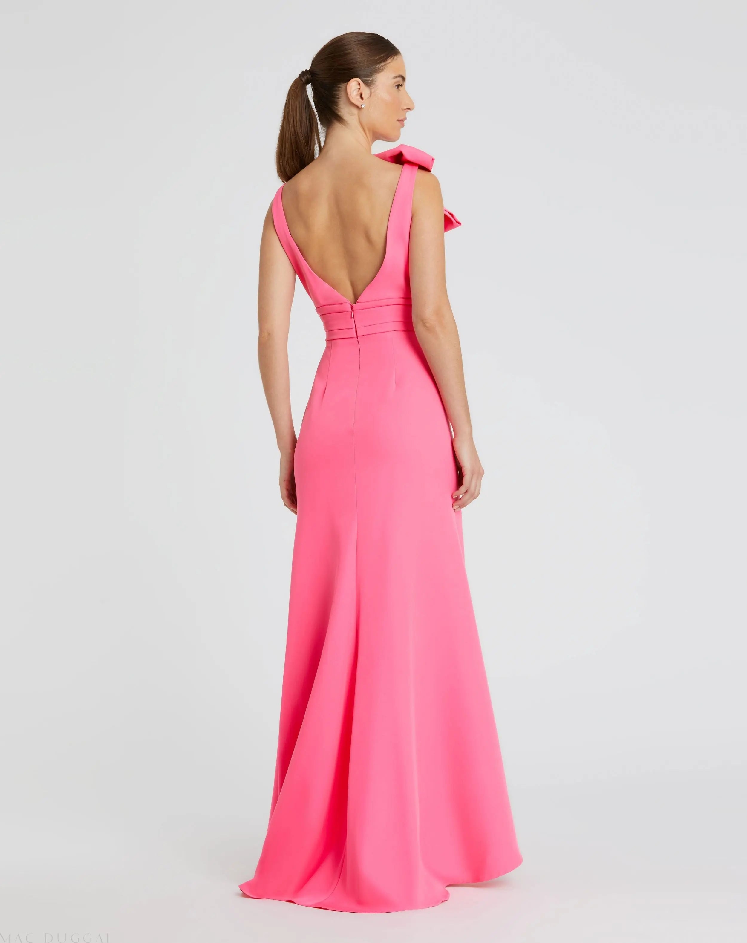 Pink Sleeveless V Neck Bow Detail Mermaid Gown - Mac Duggal
