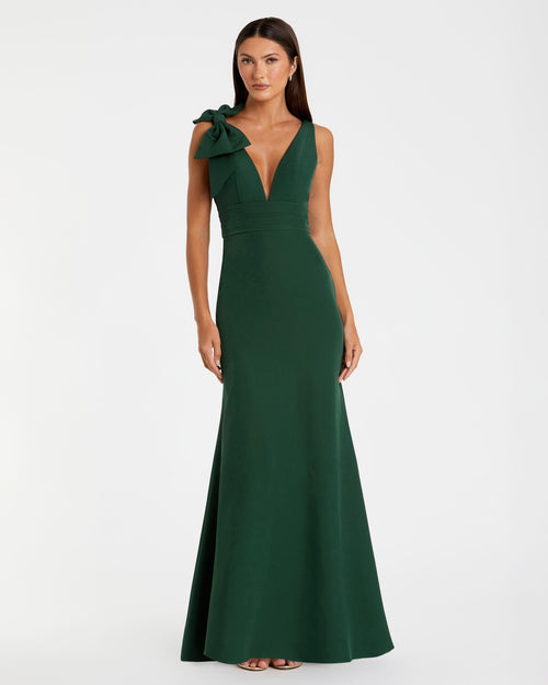 Dark Green Sleeveless V Neck Bow Detail Mermaid Gown