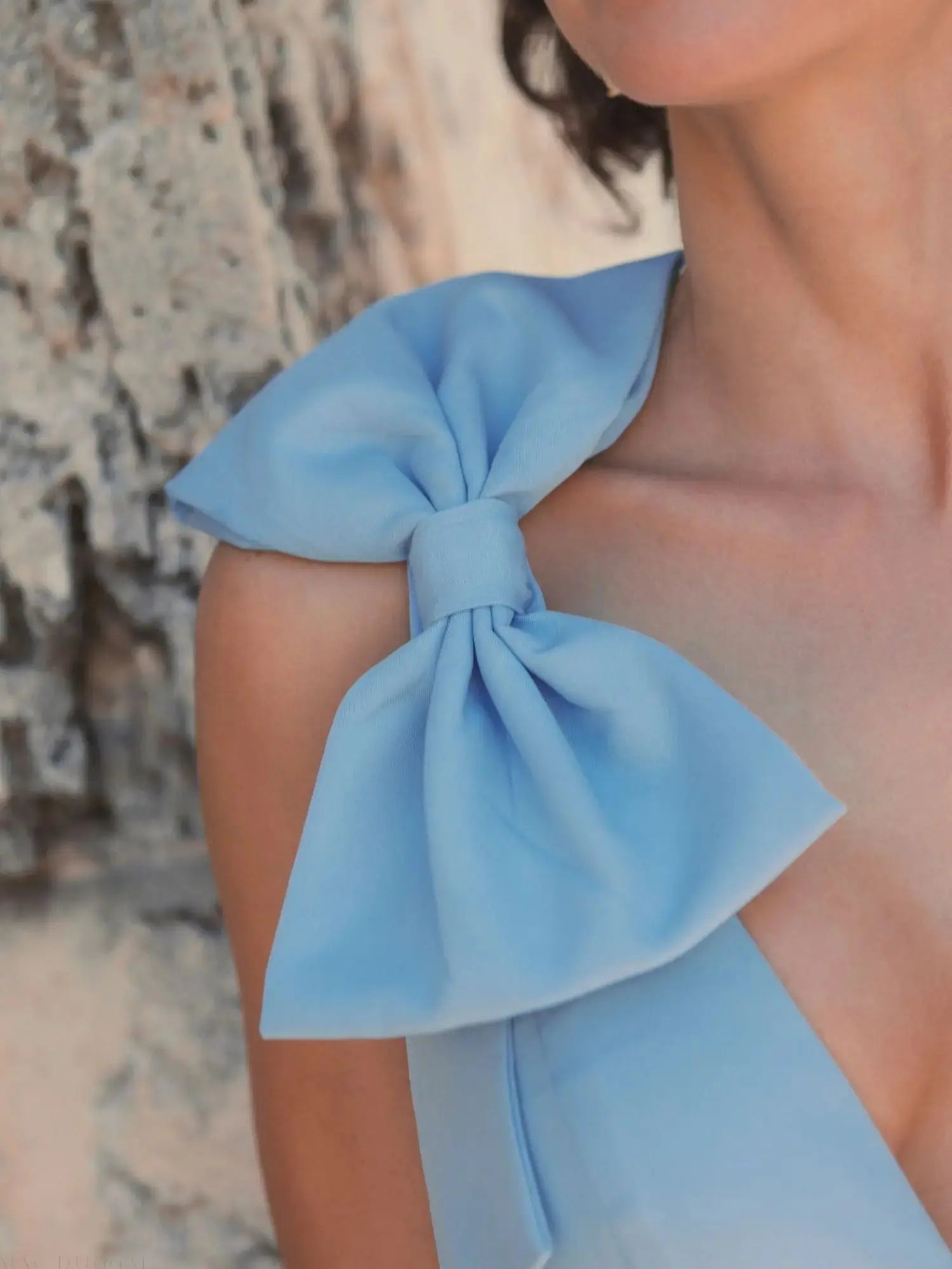 Blue Petite Sleeveless V Neck Bow Detail Mermaid Gown Mac Duggal
