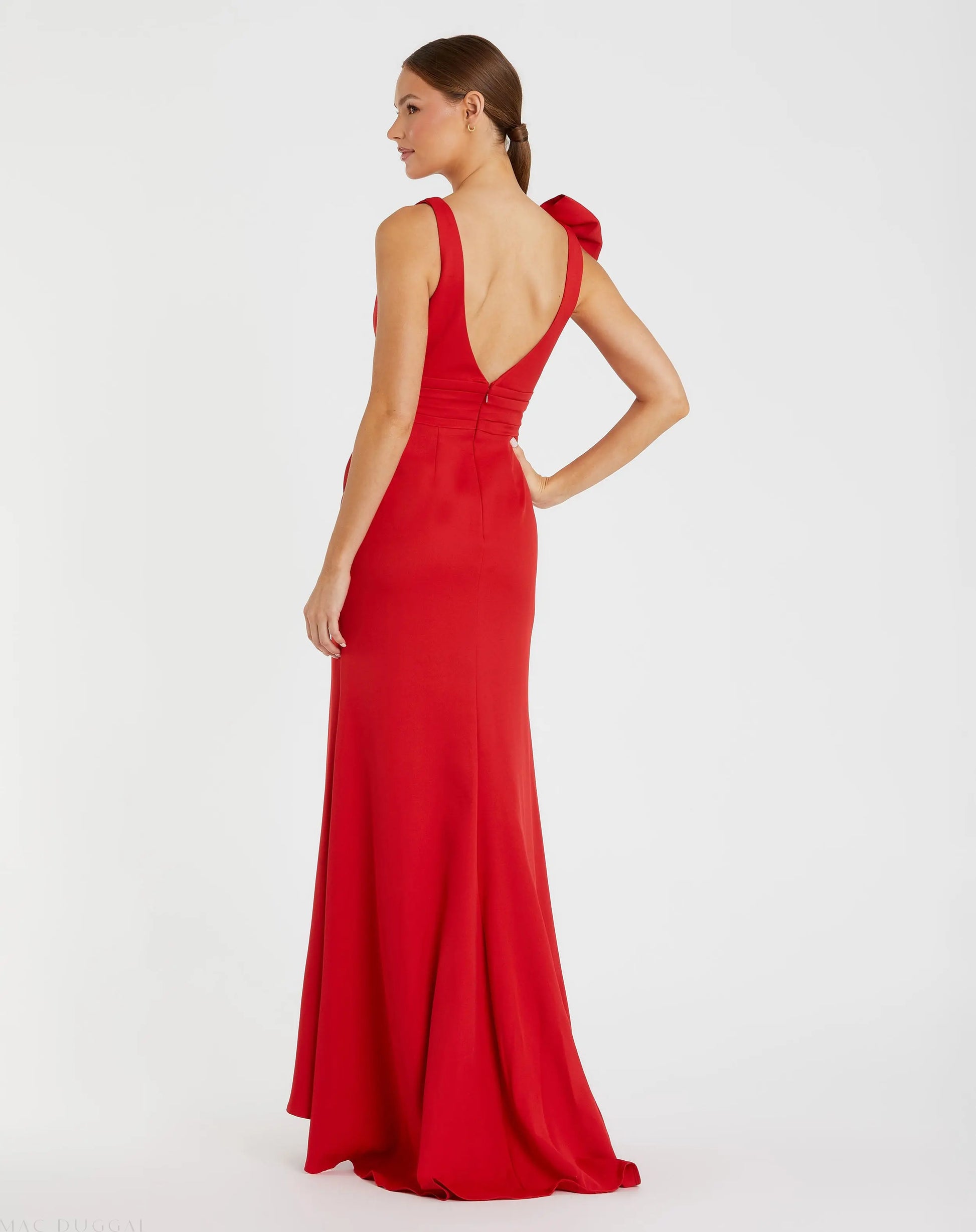 Red Sleeveless V Neck Bow Detail Mermaid Gown - Mac Duggal Red Sleeveless V Neck Bow Detail Mermaid Gown - Mac Duggal