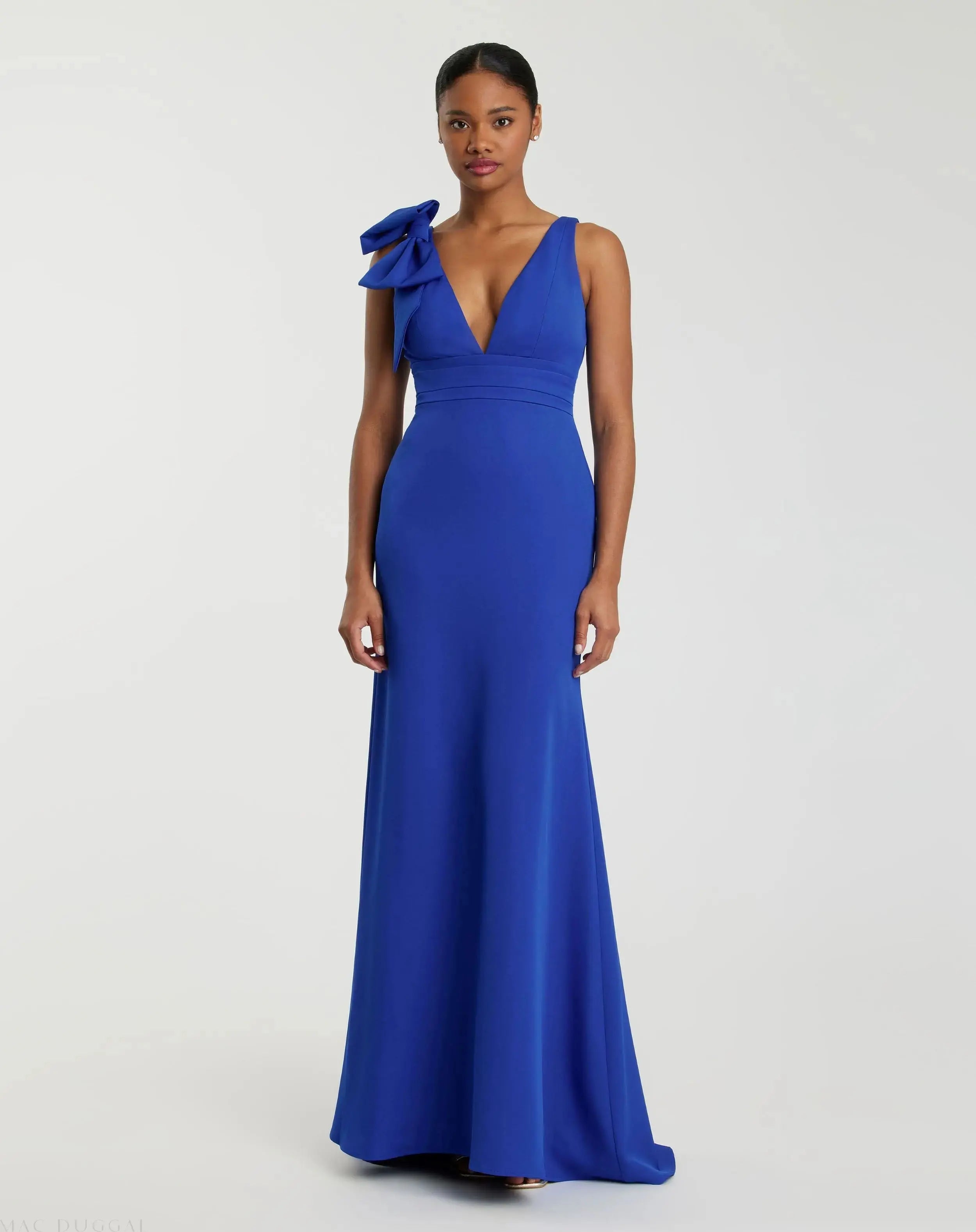 Dark Blue Sleeveless V Neck Bow Detail Mermaid Gown - Mac Duggal