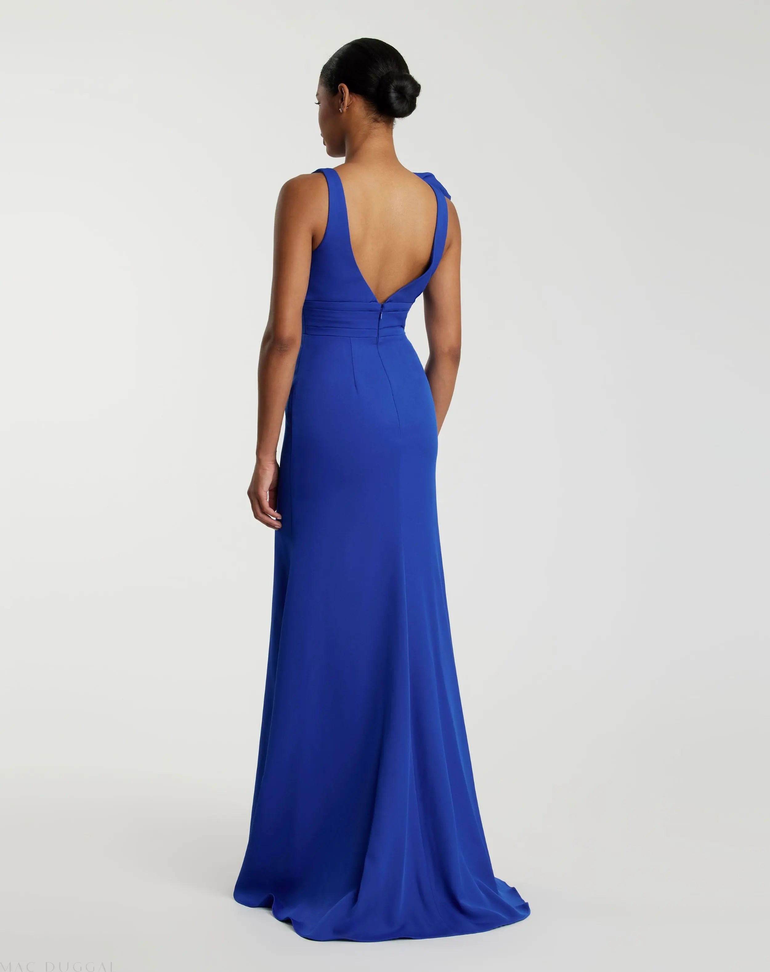 Dark Blue Sleeveless V Neck Bow Detail Mermaid Gown - Mac Duggal