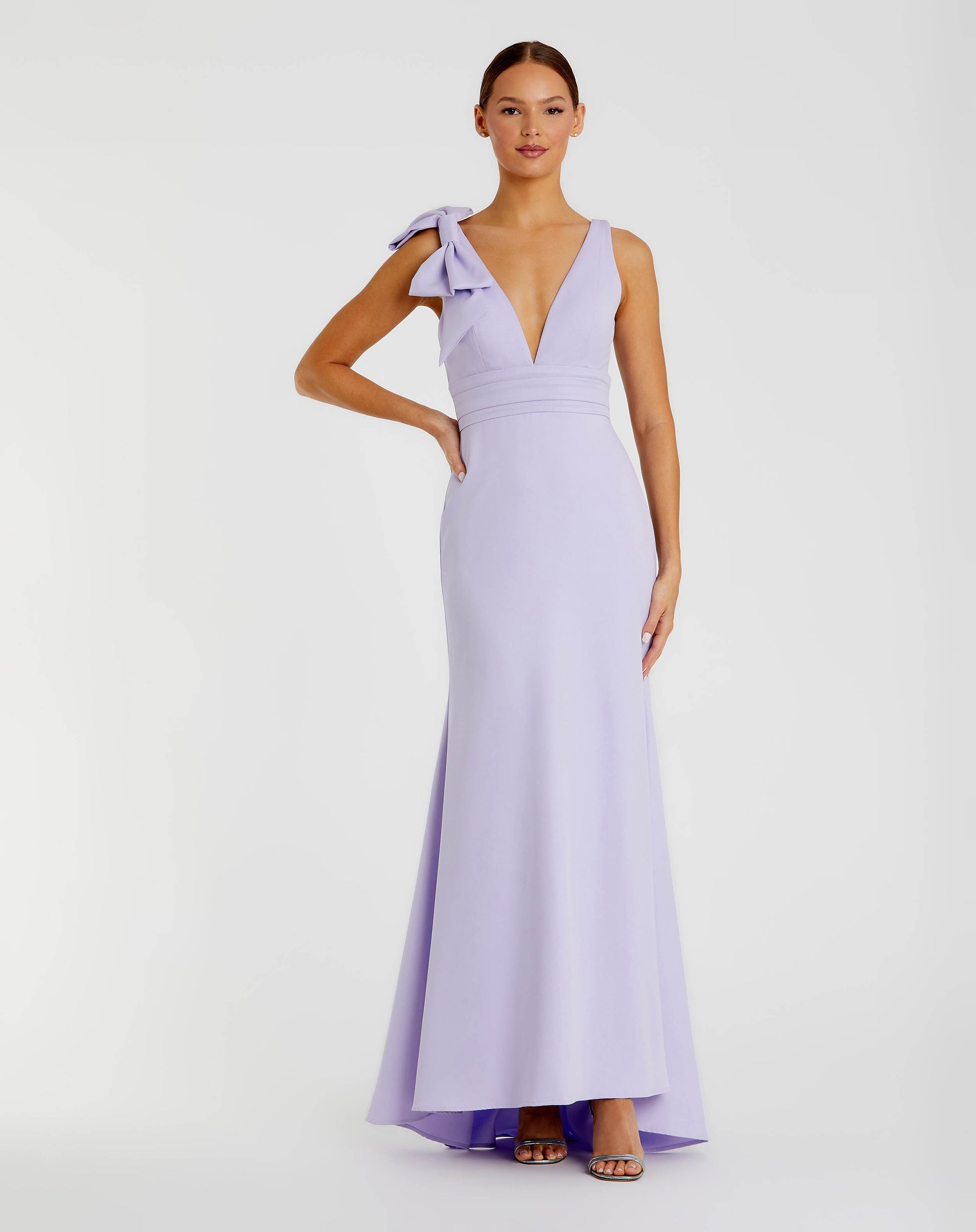 Purple Sleeveless V Neck Bow Detail Mermaid Gown