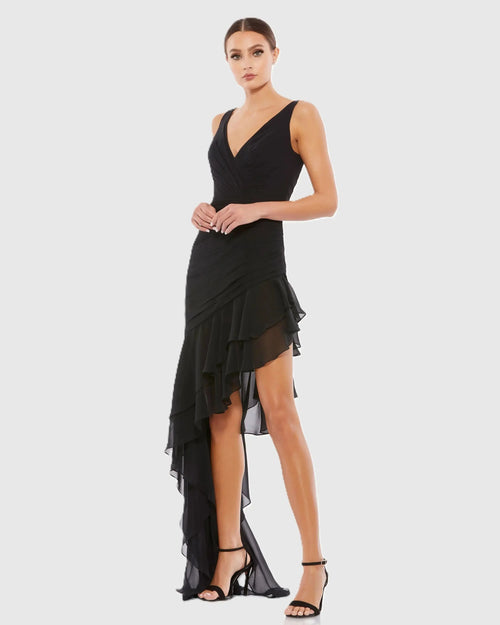 Black Asymmetrical Ruffled V-Neck Chiffon Dress - Ieena for Mac Duggal