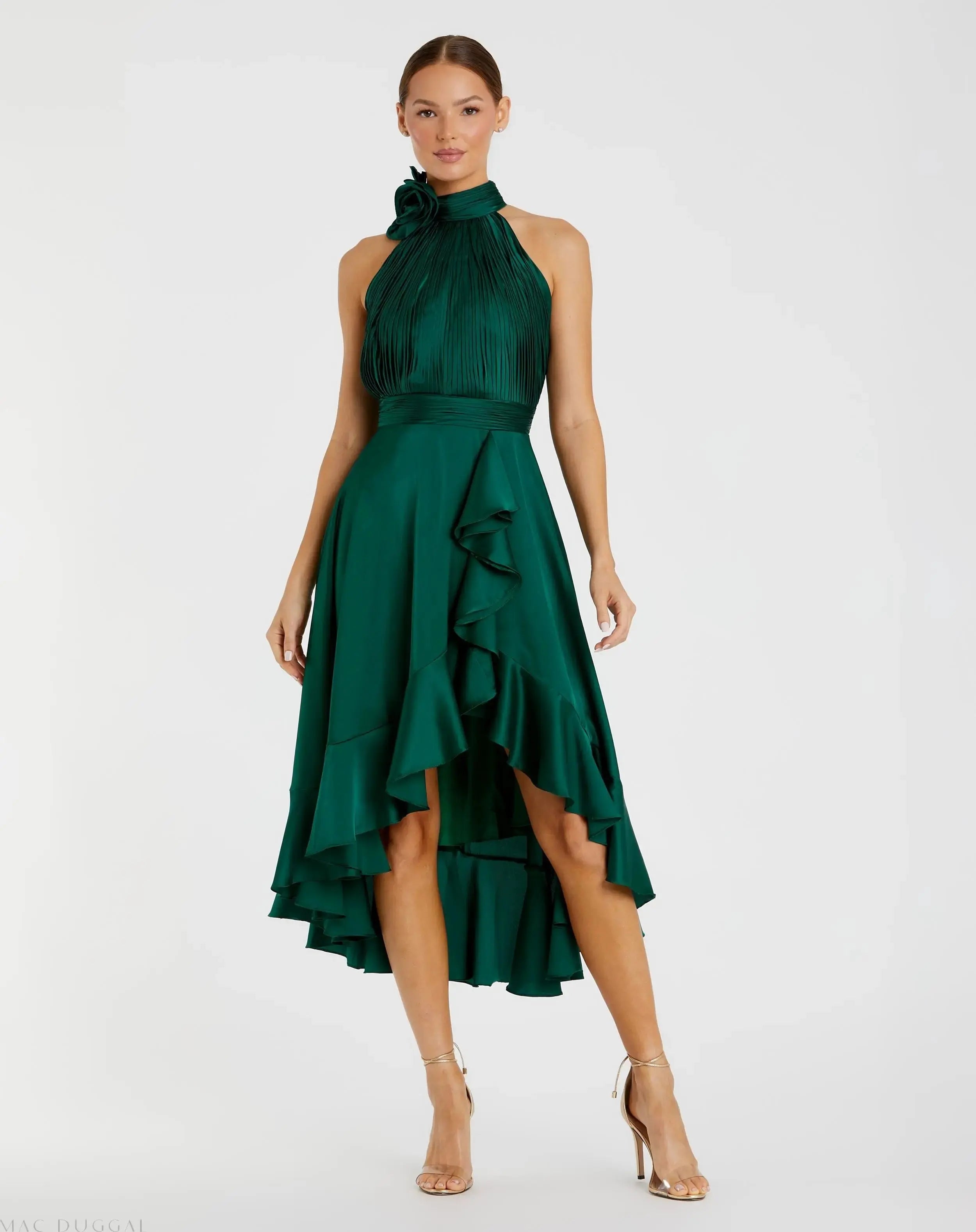 Green Halter Neck Flower Detail Ruffled Midi Dress - Mac Duggal