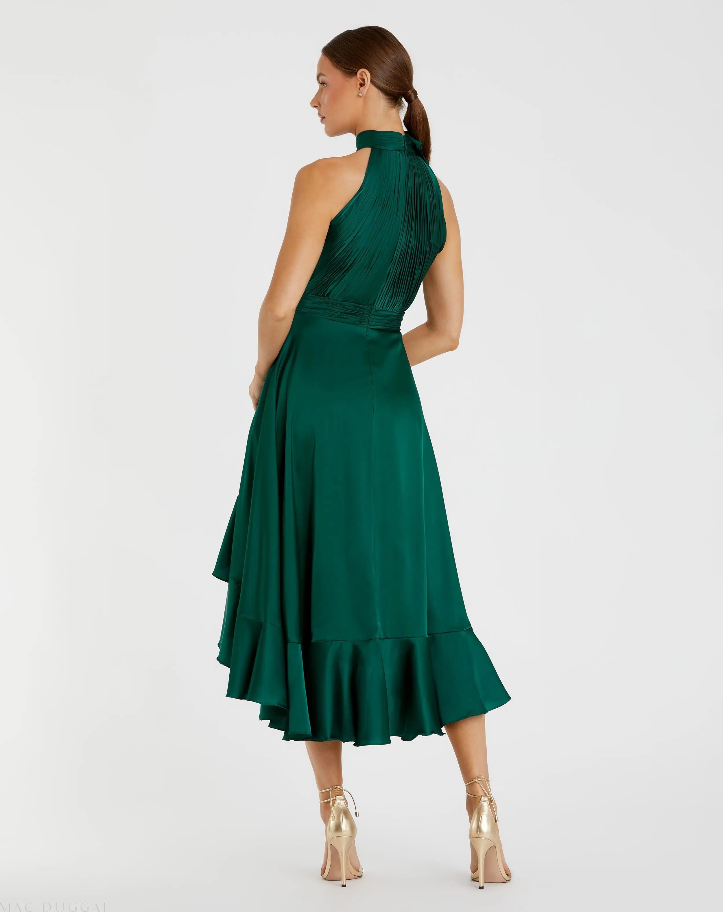 Green Halter Neck Flower Detail Ruffled Midi Dress - Mac Duggal