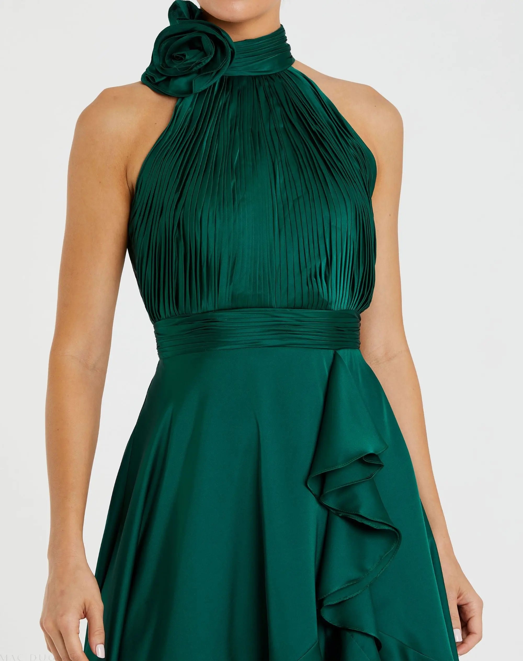 Green Halter Neck Flower Detail Ruffled Midi Dress | Mac Duggal Green Halter Neck Flower Detail Ruffled Midi Dress | Mac Duggal
