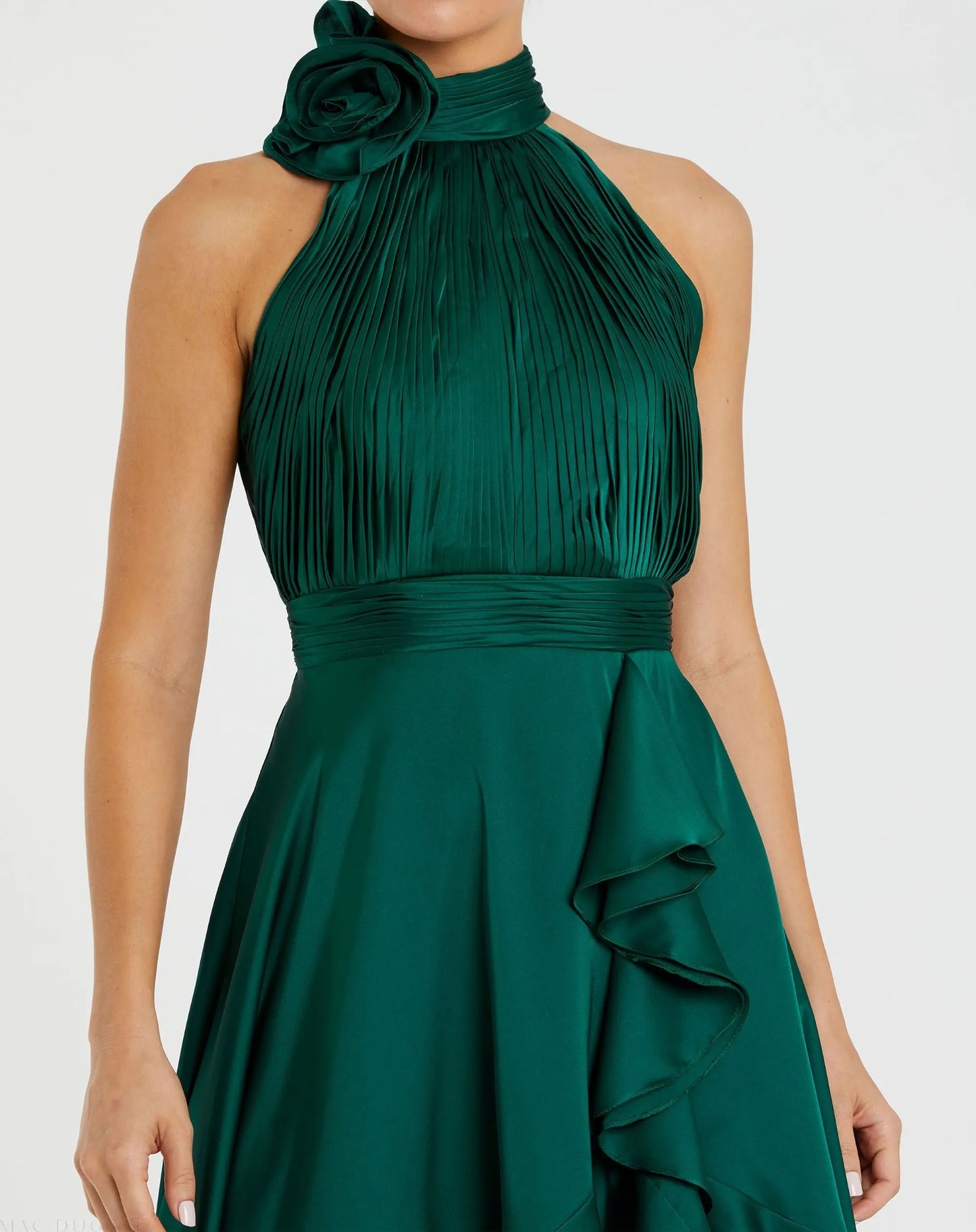 emerald green halter dress Green Halter Neck Flower Detail Ruffled Midi Dress