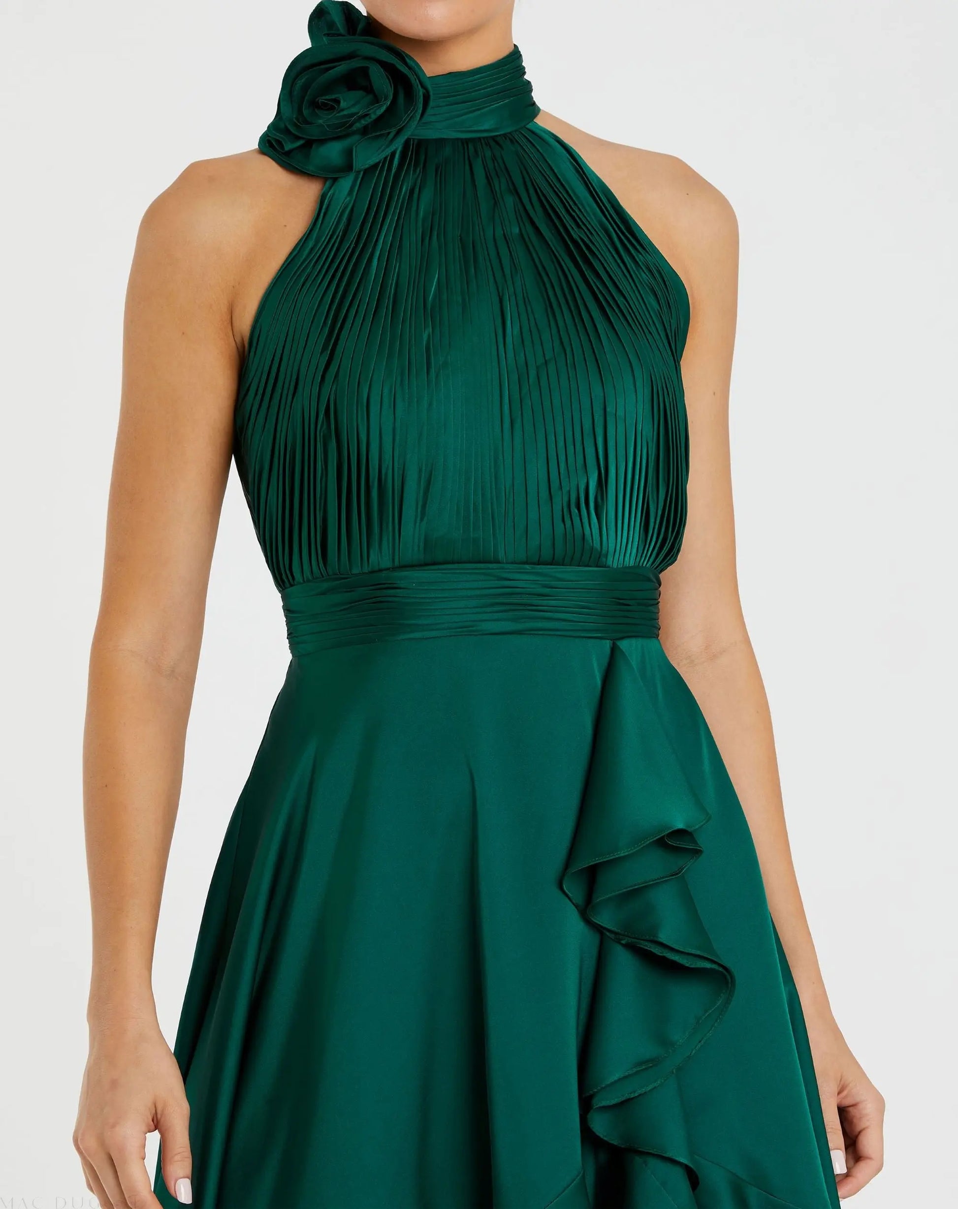Mac Duggal Halter Neck Flower Detail Ruffled Midi Dress - Emerald Mac Duggal Halter Neck Flower Detail Ruffled Midi Dress - Emerald