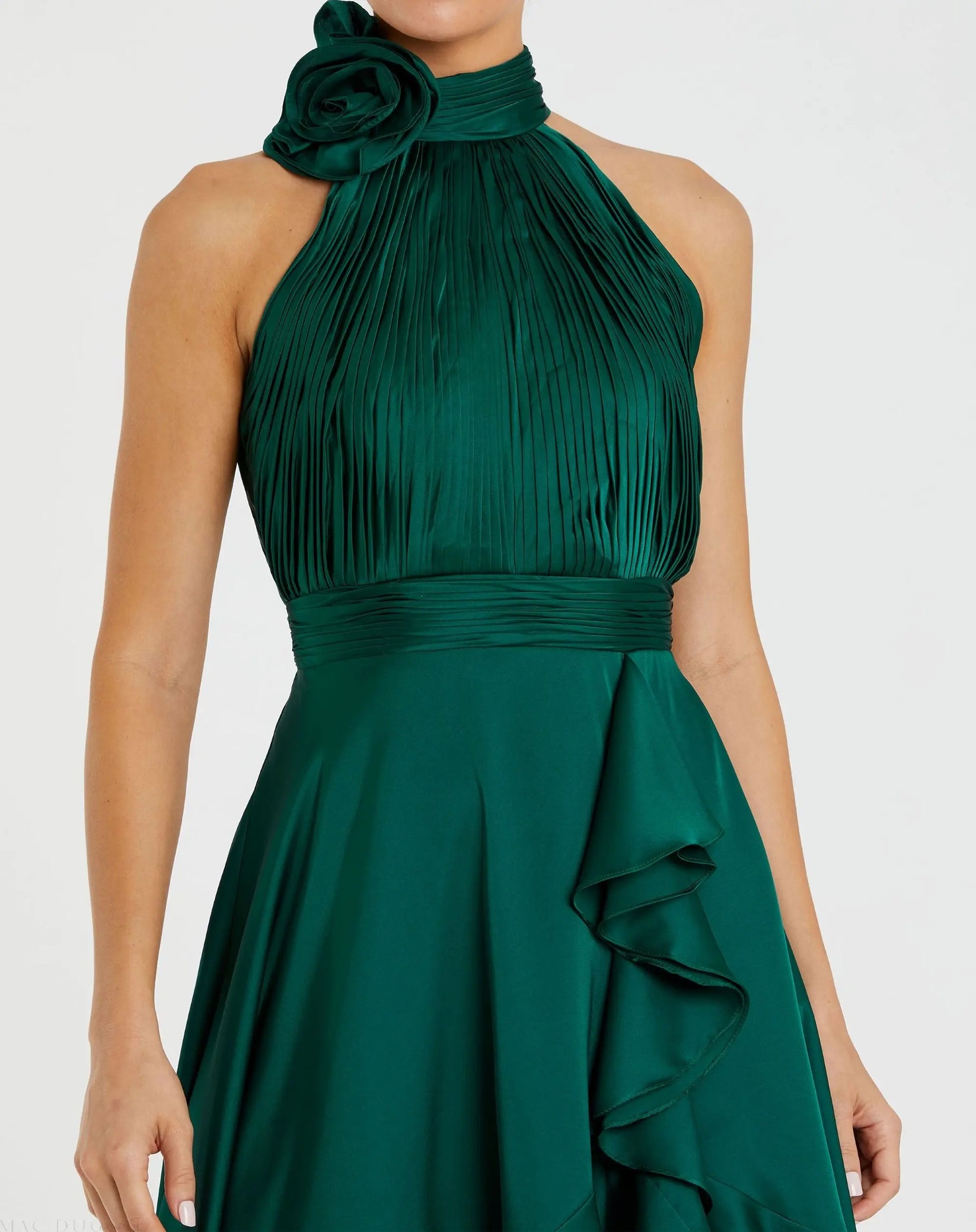 Green Halter Neck Flower Detail Ruffled Midi Dress Mac Duggal — free download