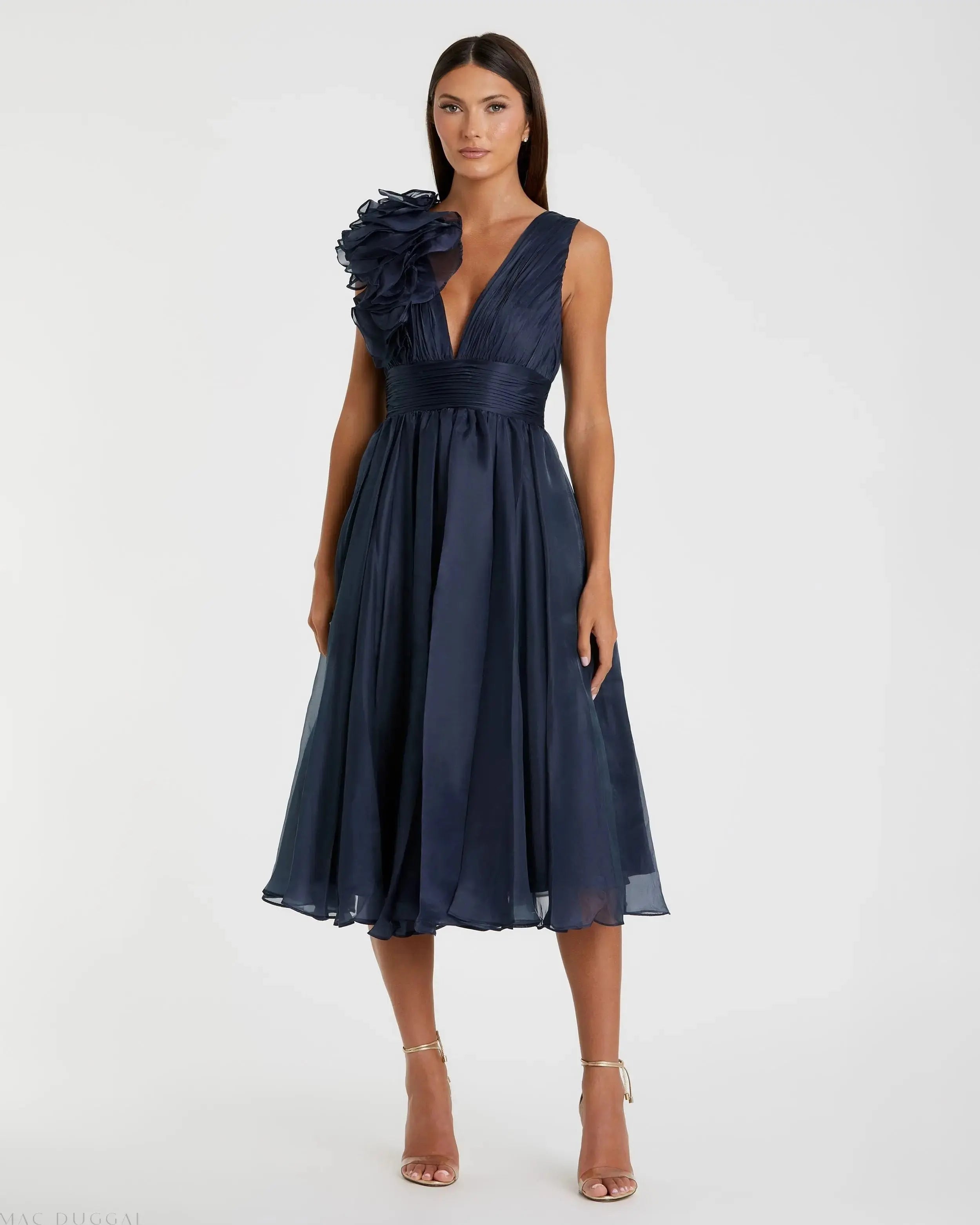 Blue Sleeveless Chiffon A-Line Tea Length Cocktail Dress - Mac Duggal