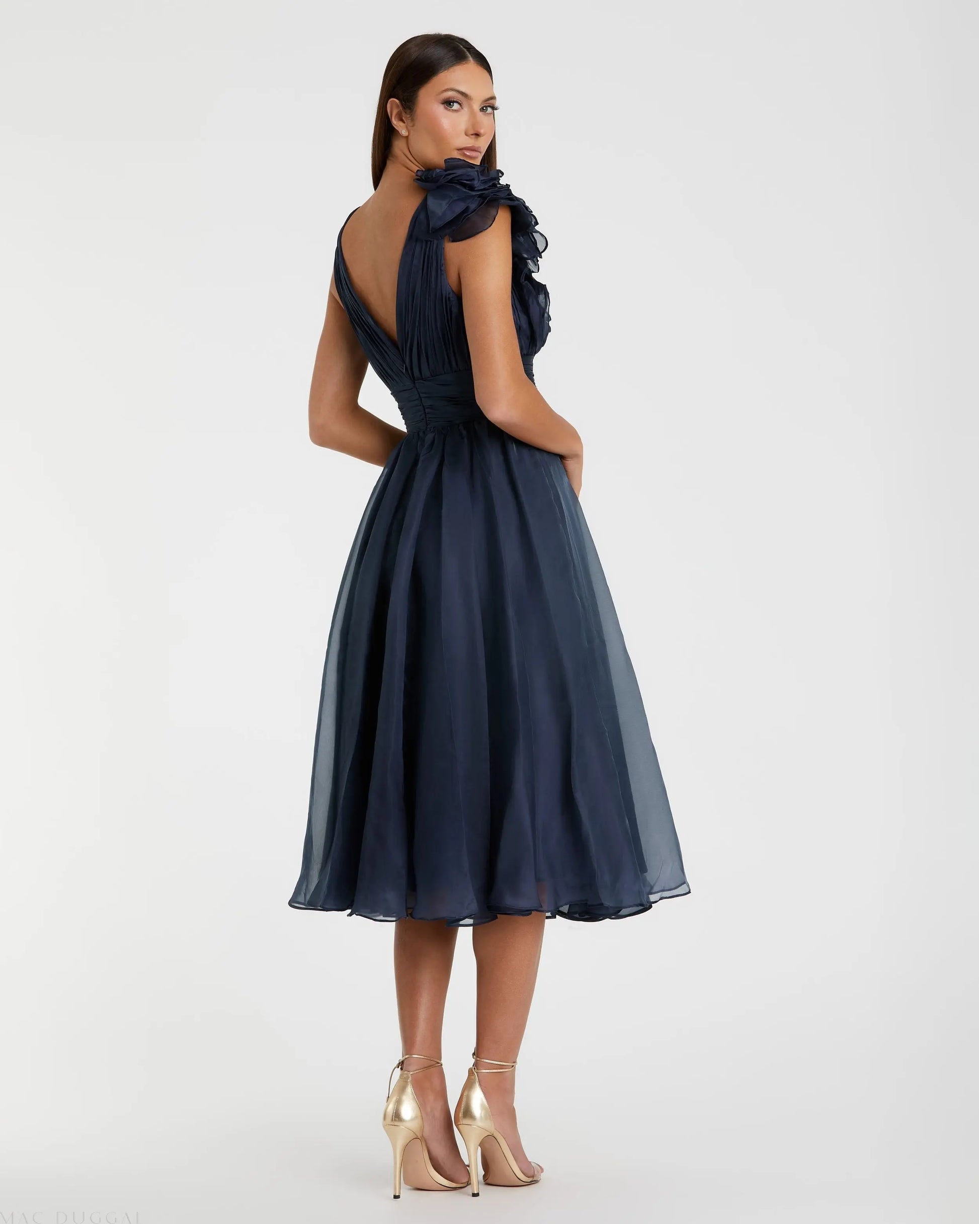 Navy Sleeveless Chiffon A-Line Tea Length Cocktail Dress | Mac Duggal Navy Sleeveless Chiffon A-Line Tea Length Cocktail Dress | Mac Duggal
