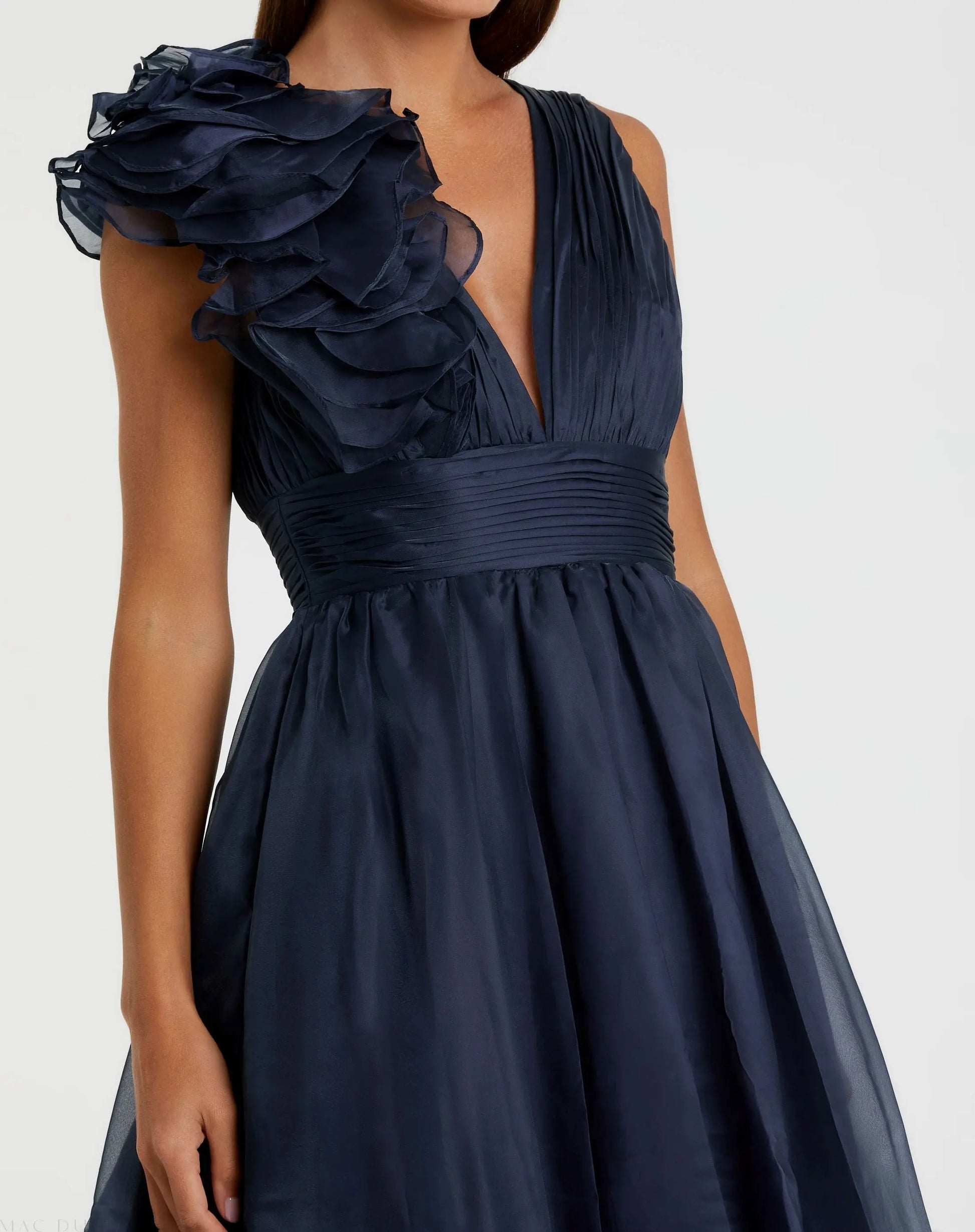 Navy Sleeveless Chiffon A-Line Tea Length Cocktail Dress | Mac Duggal Navy Sleeveless Chiffon A-Line Tea Length Cocktail Dress | Mac Duggal
