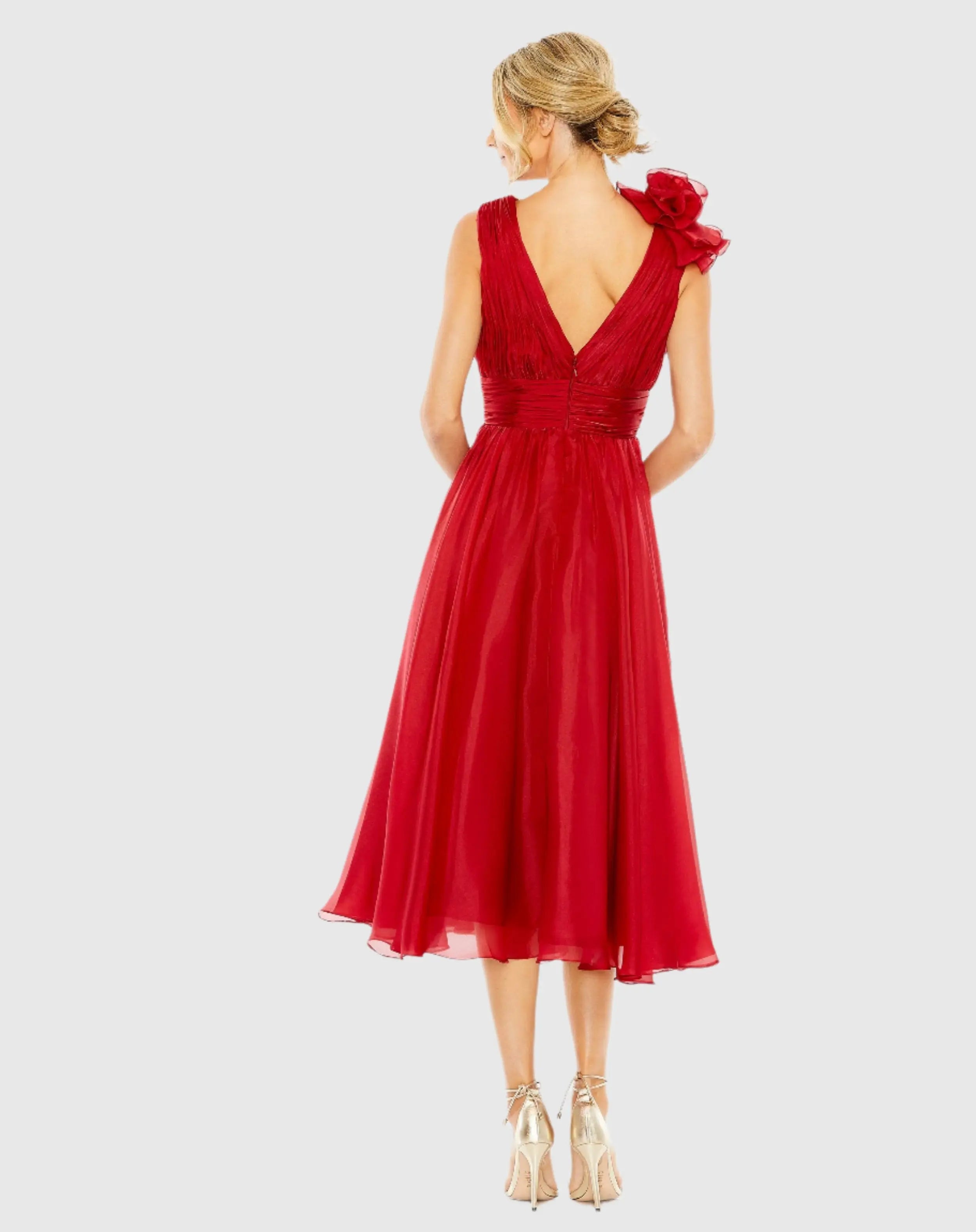 Red Sleeveless Chiffon A-Line Tea Length Cocktail Dress - Mac Duggal