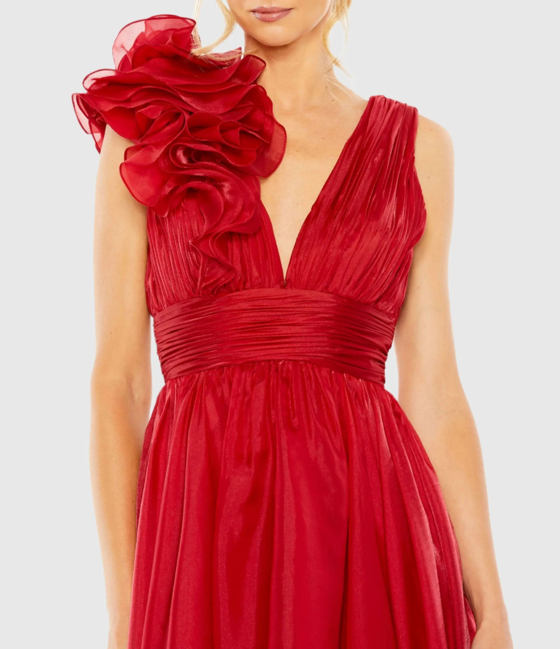 Mac Duggal Sleeveless Chiffon A-Line Tea Length Cocktail Dress - Red Mac Duggal Sleeveless Chiffon A-Line Tea Length Cocktail Dress - Red