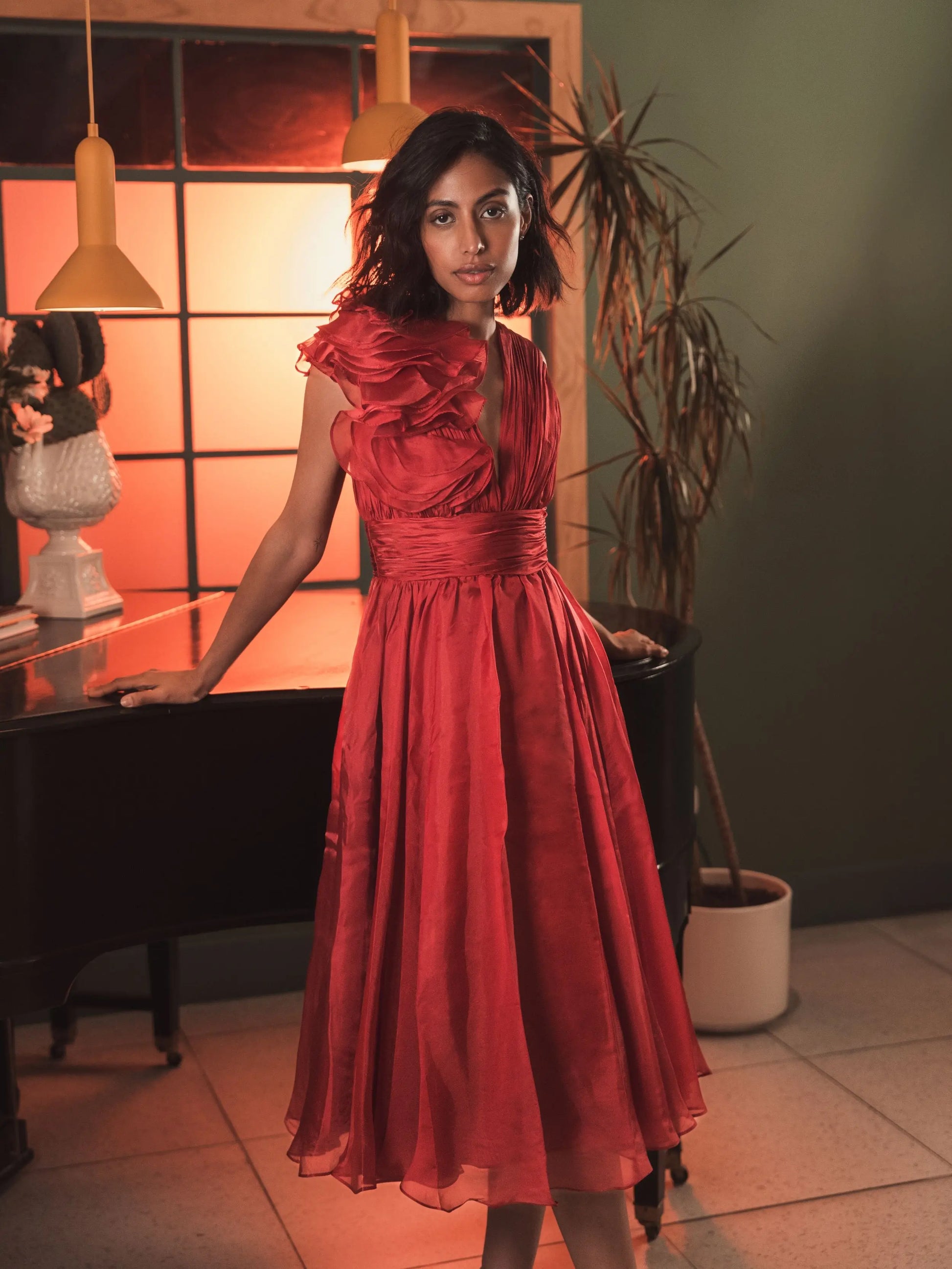 Mac Duggal Sleeveless Chiffon A-Line Tea Length Cocktail Dress - Red Mac Duggal Sleeveless Chiffon A-Line Tea Length Cocktail Dress - Red