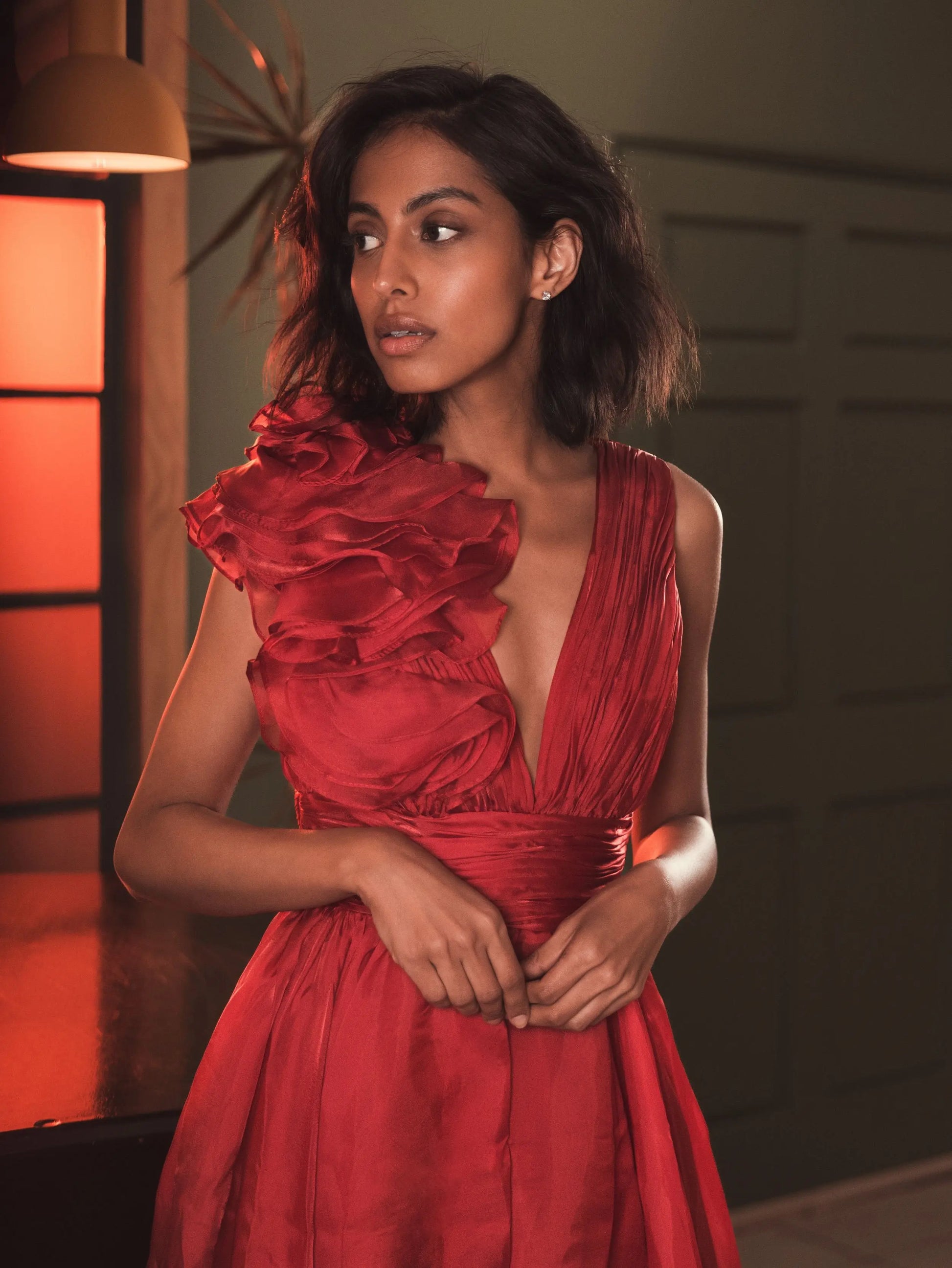 Mac Duggal Sleeveless Chiffon A-Line Tea Length Cocktail Dress - Red Mac Duggal Sleeveless Chiffon A-Line Tea Length Cocktail Dress - Red
