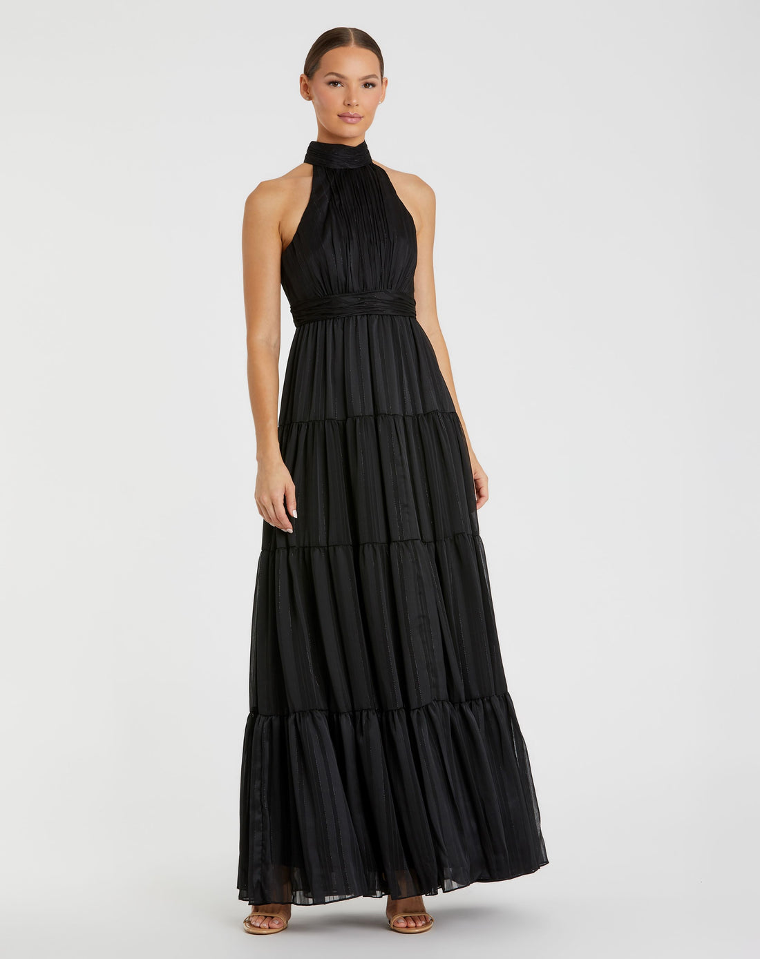 Tie Neck Tiered Halter Gown