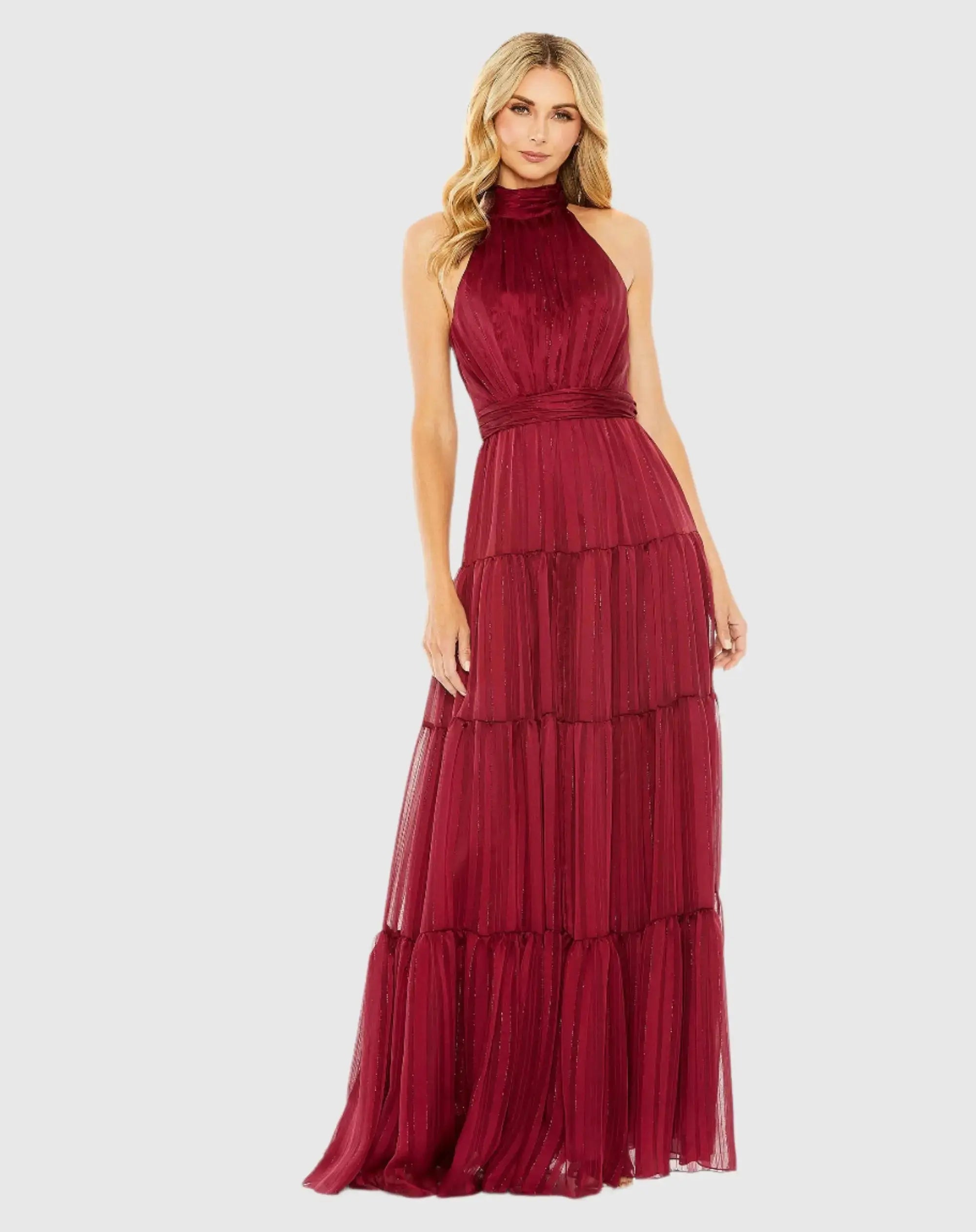 Red Tie Halter Neck Tiered Gown - Mac Duggal