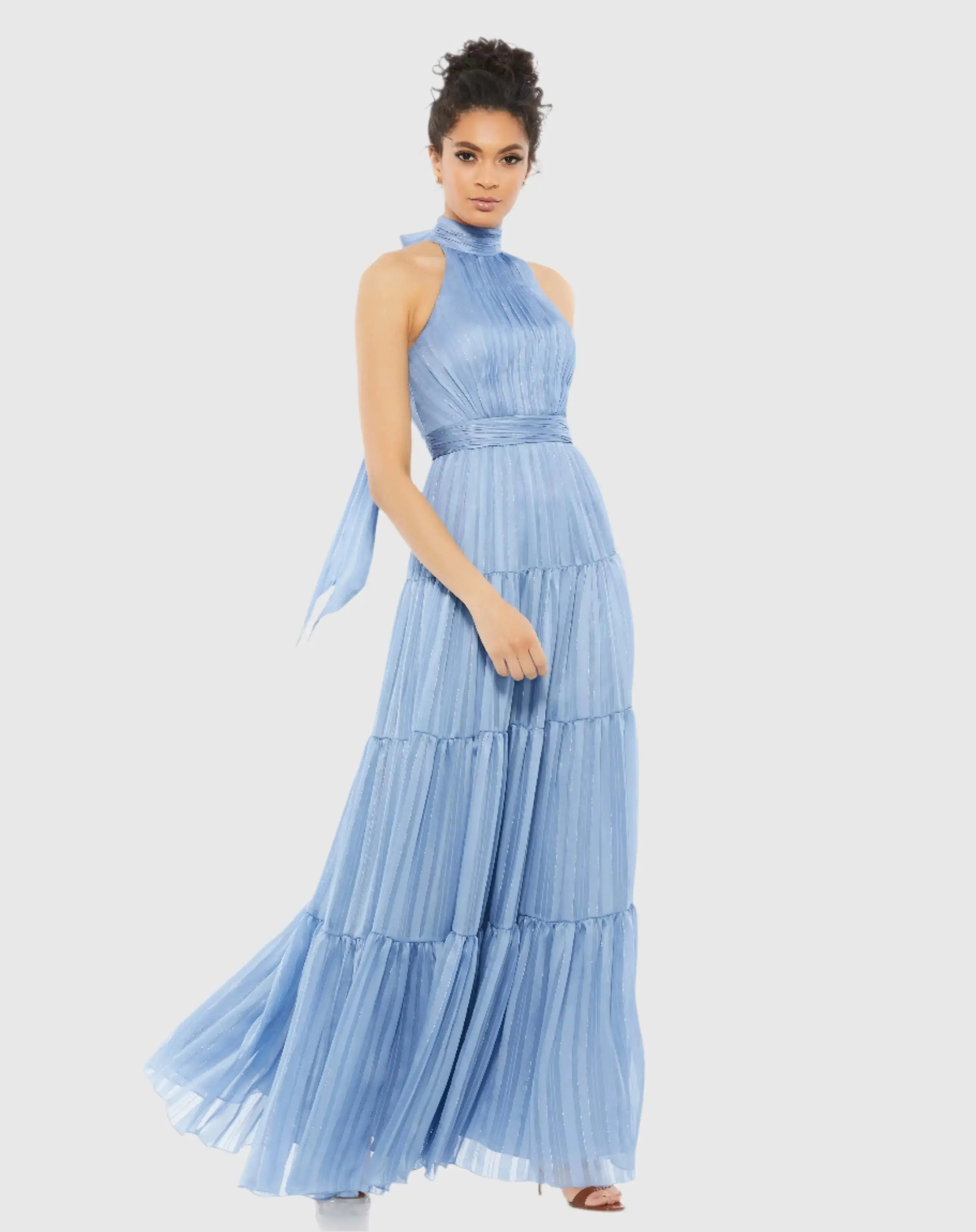 mac duggal halter pleated maxi dress Tie Neck Tiered Halter Gown