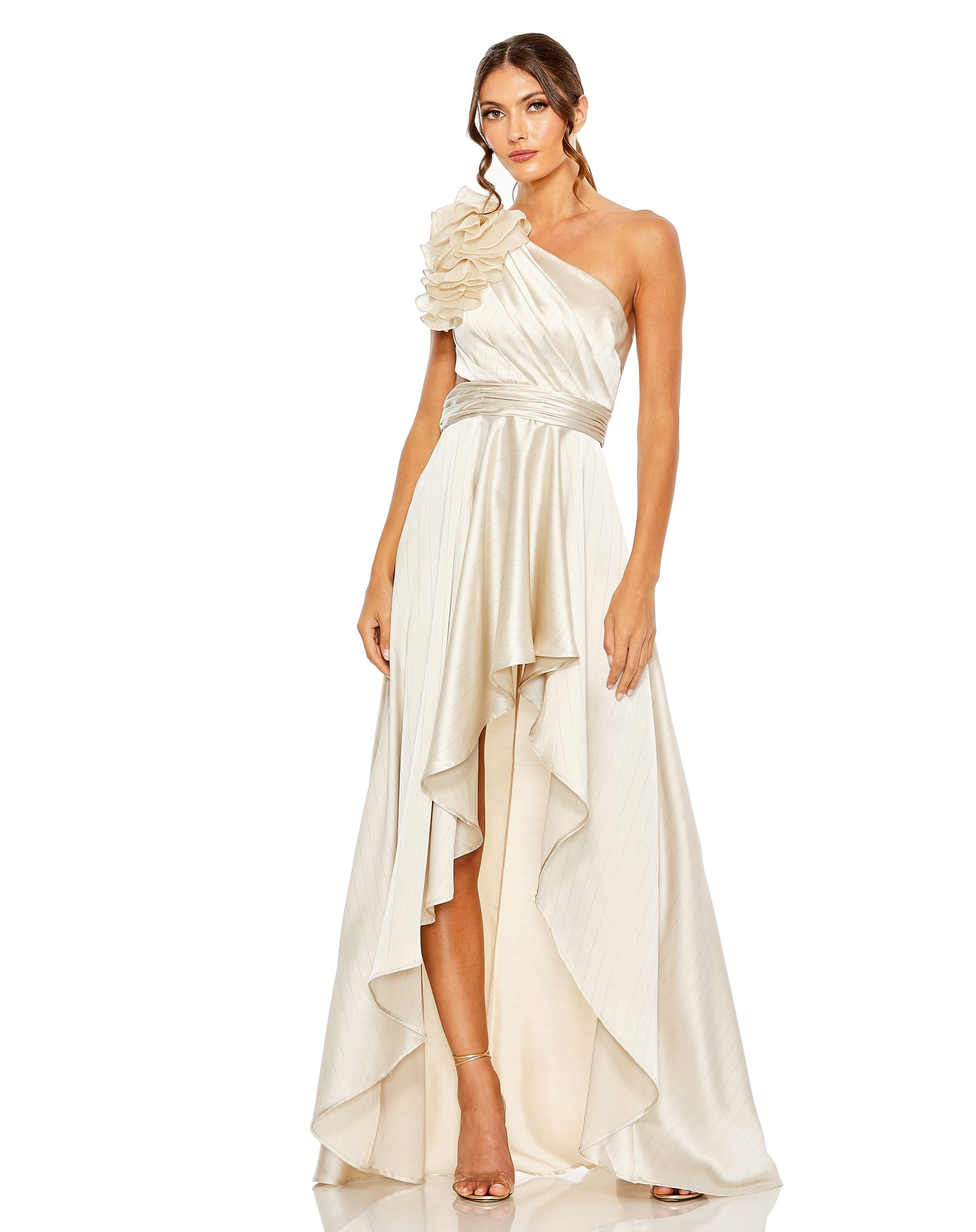 Ruffled One Shoulder Cut Out Hi-Lo Gown