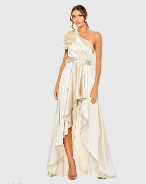 Beige Ruffled One Shoulder Cut Out Hi-Low Gown - Ieena for Mac Duggal