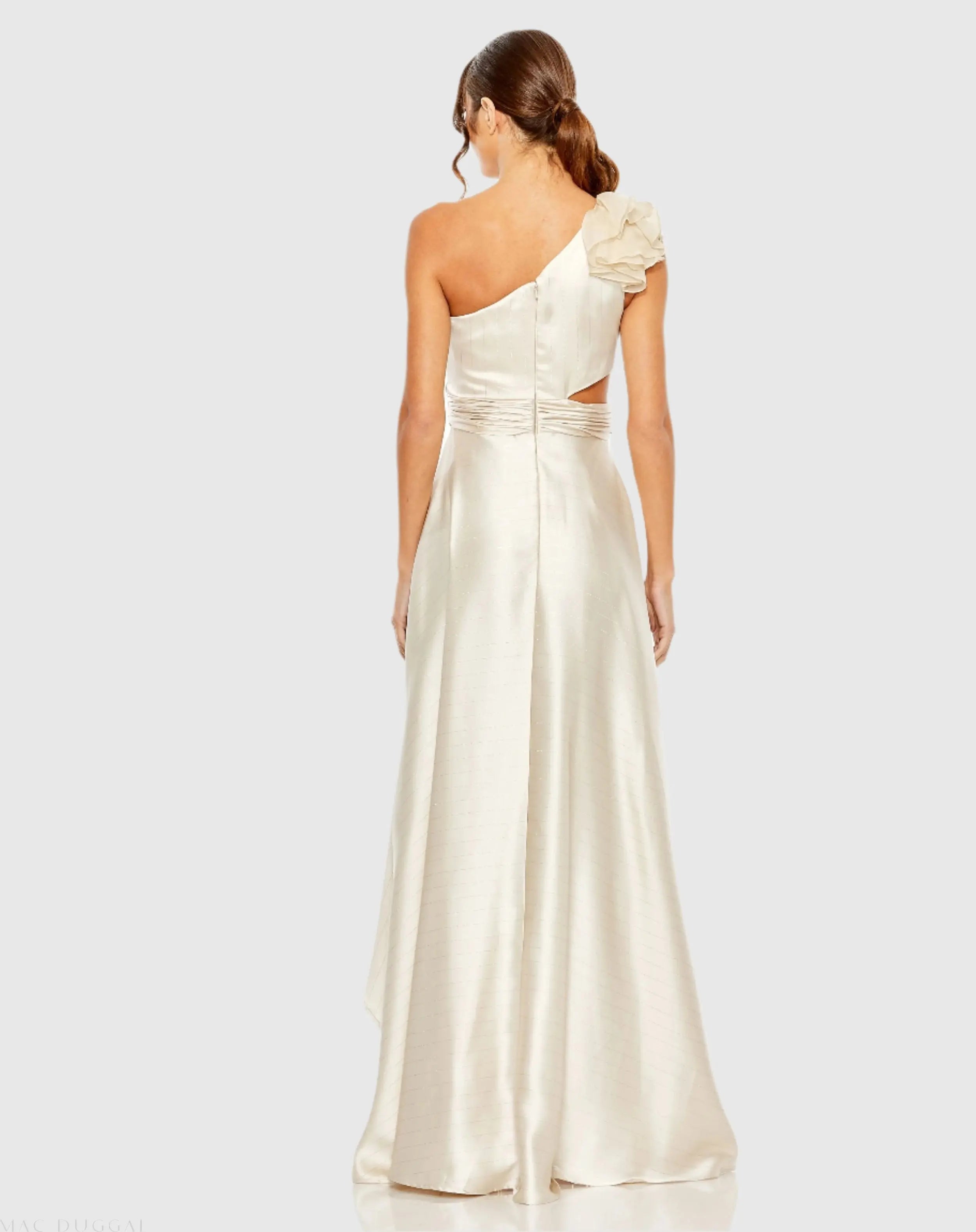 Beige Ruffled One Shoulder Cut Out Hi-Low Gown - Ieena for Mac Duggal