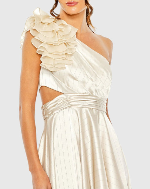 Neutral Ruffled One Shoulder Cut Out Hi-Low Gown