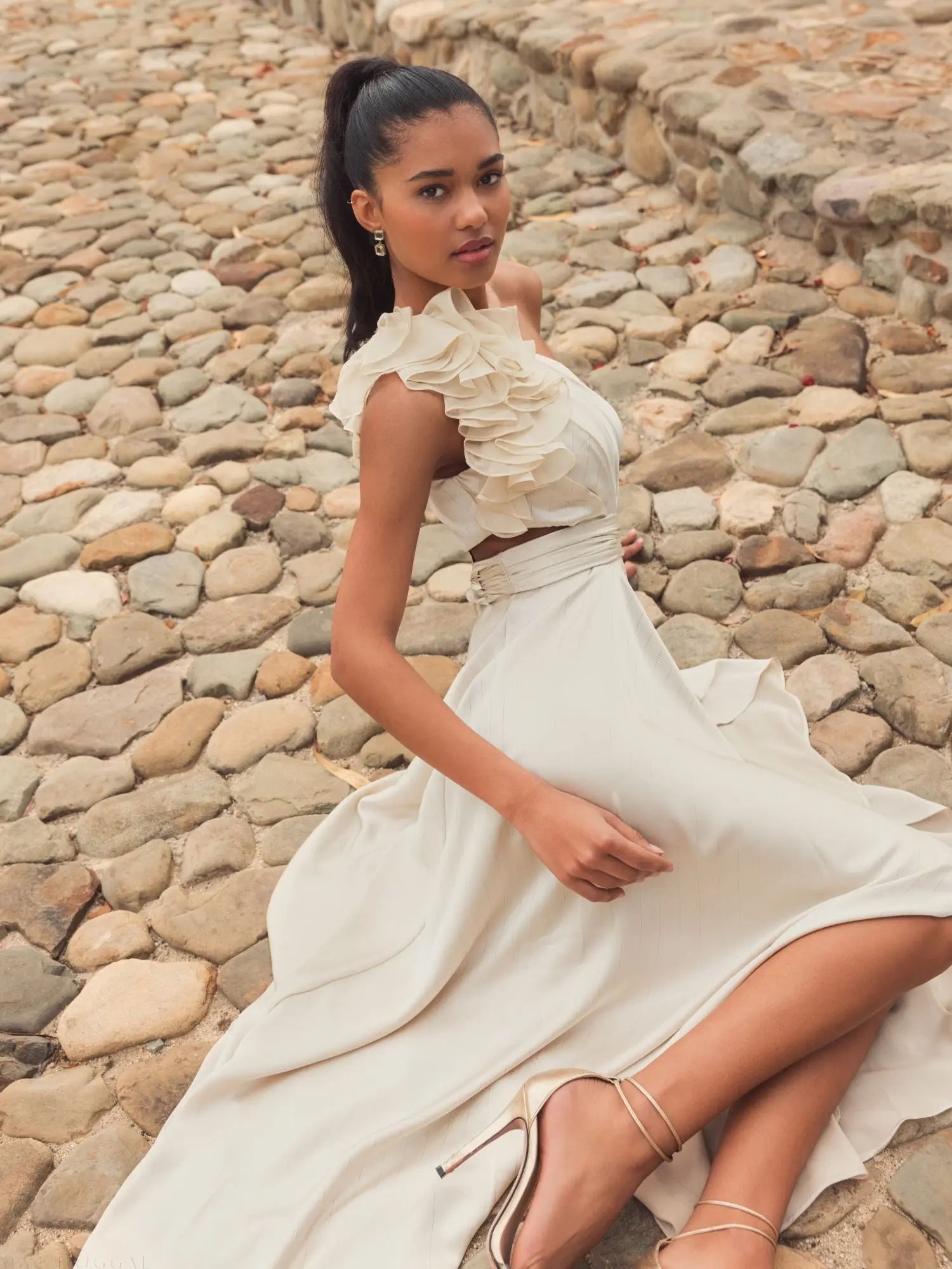 Beige Ruffled One Shoulder Cut Out Hi-Low Gown - Ieena for Mac Duggal