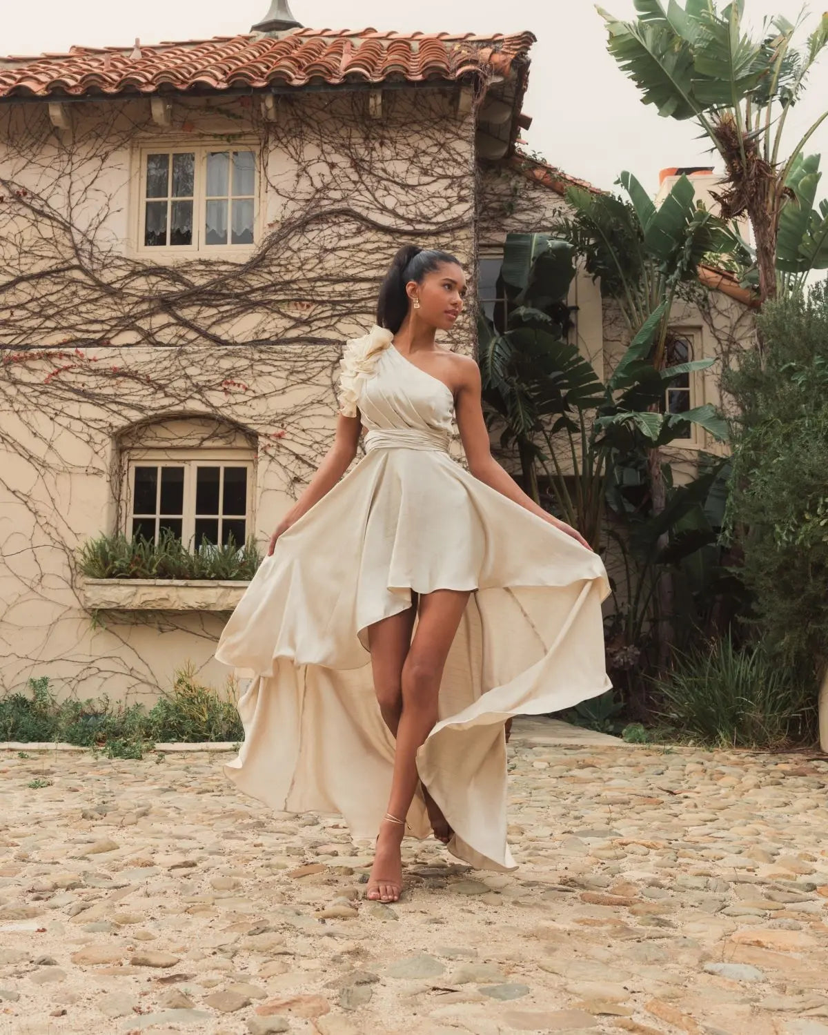 Beige Ruffled One Shoulder Cut Out Hi-Low Gown - Ieena for Mac Duggal