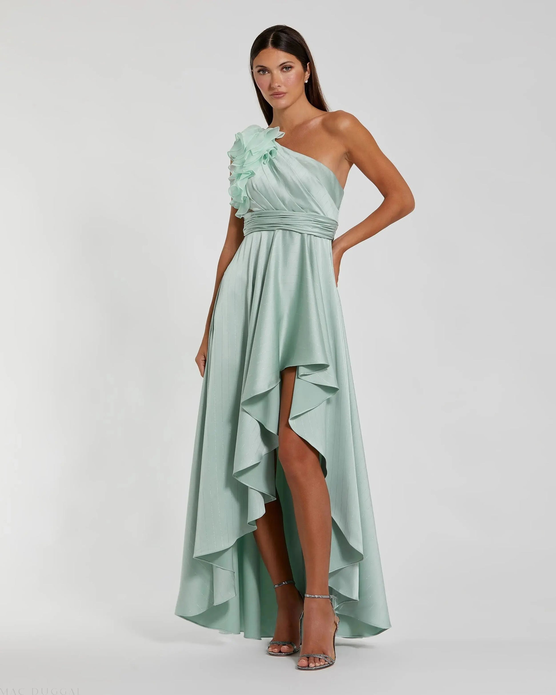 Green Ruffled One Shoulder Cut Out Hi-Low Gown - Mac Duggal Green Ruffled One Shoulder Cut Out Hi-Low Gown - Mac Duggal