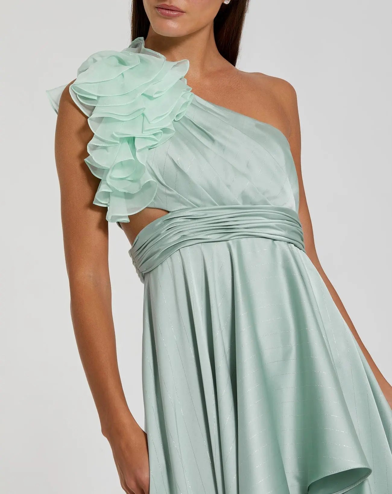 Green One Shoulder Pleated Charmeuse Gown with Slit | Mac Duggal Green One Shoulder Pleated Charmeuse Gown with Slit | Mac Duggal