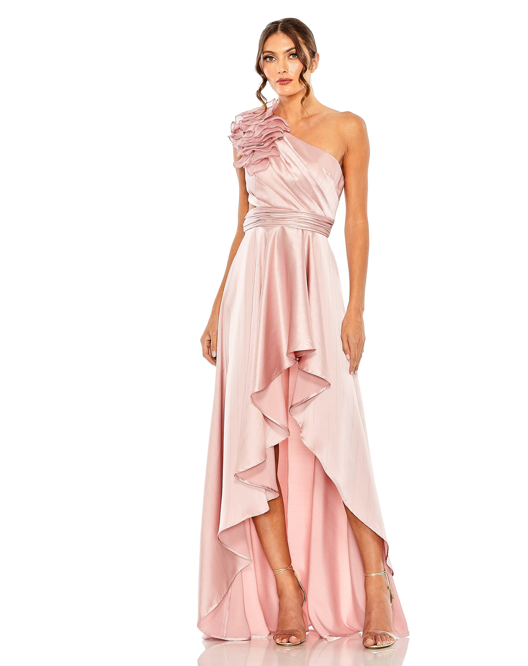 Ruffled One Shoulder Cut Out Hi-Low Gown