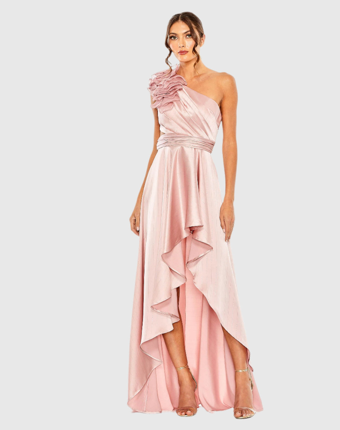 Ruffled One Shoulder Cut Out Hi-Low Gown