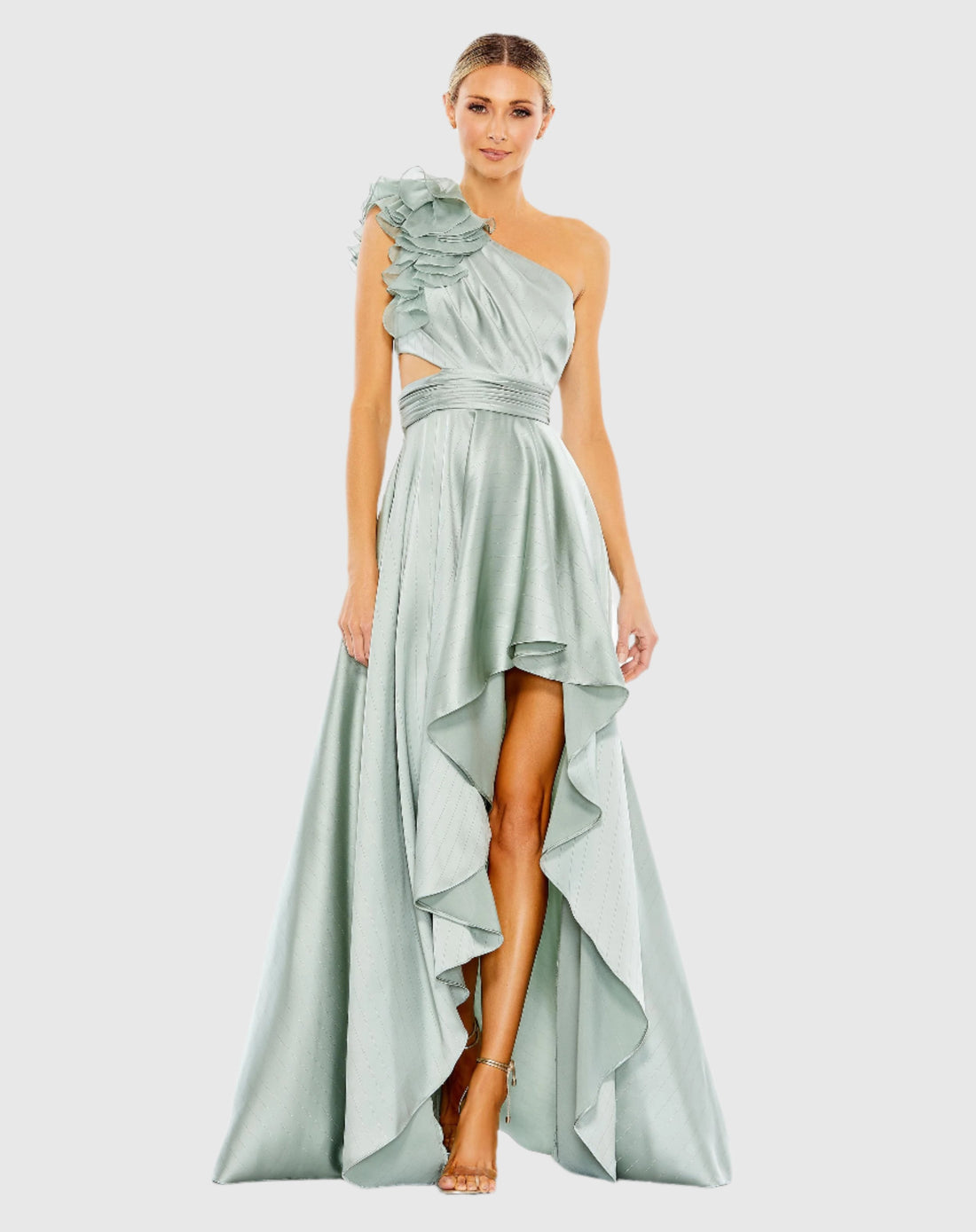 Ruffled One Shoulder Cut Out Hi-Low Gown