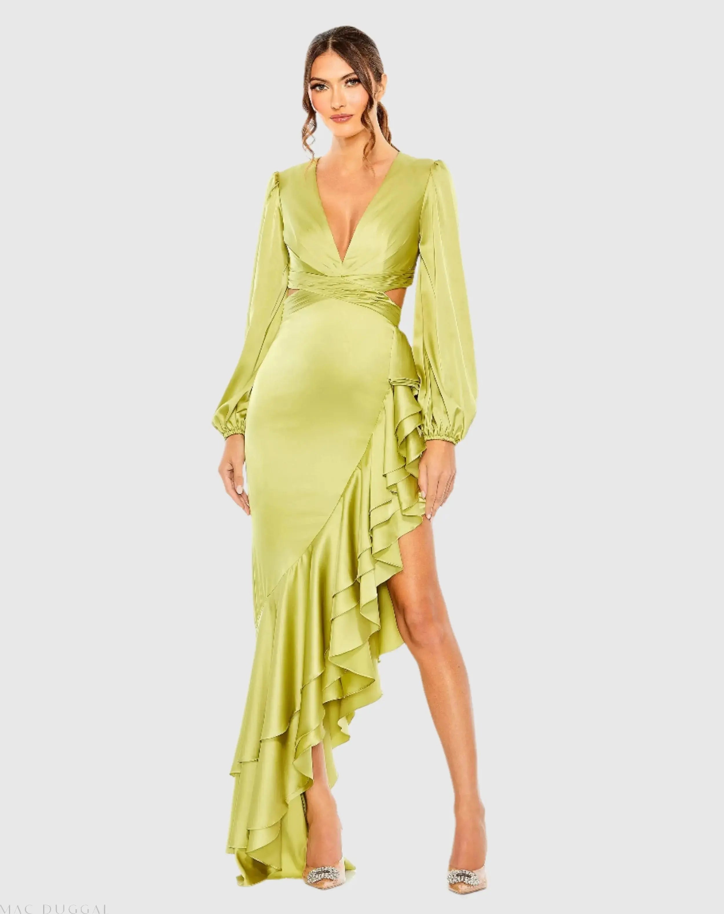 Green Cut Out Asymmetrical Ruffled Gown - Ieena for Mac Duggal