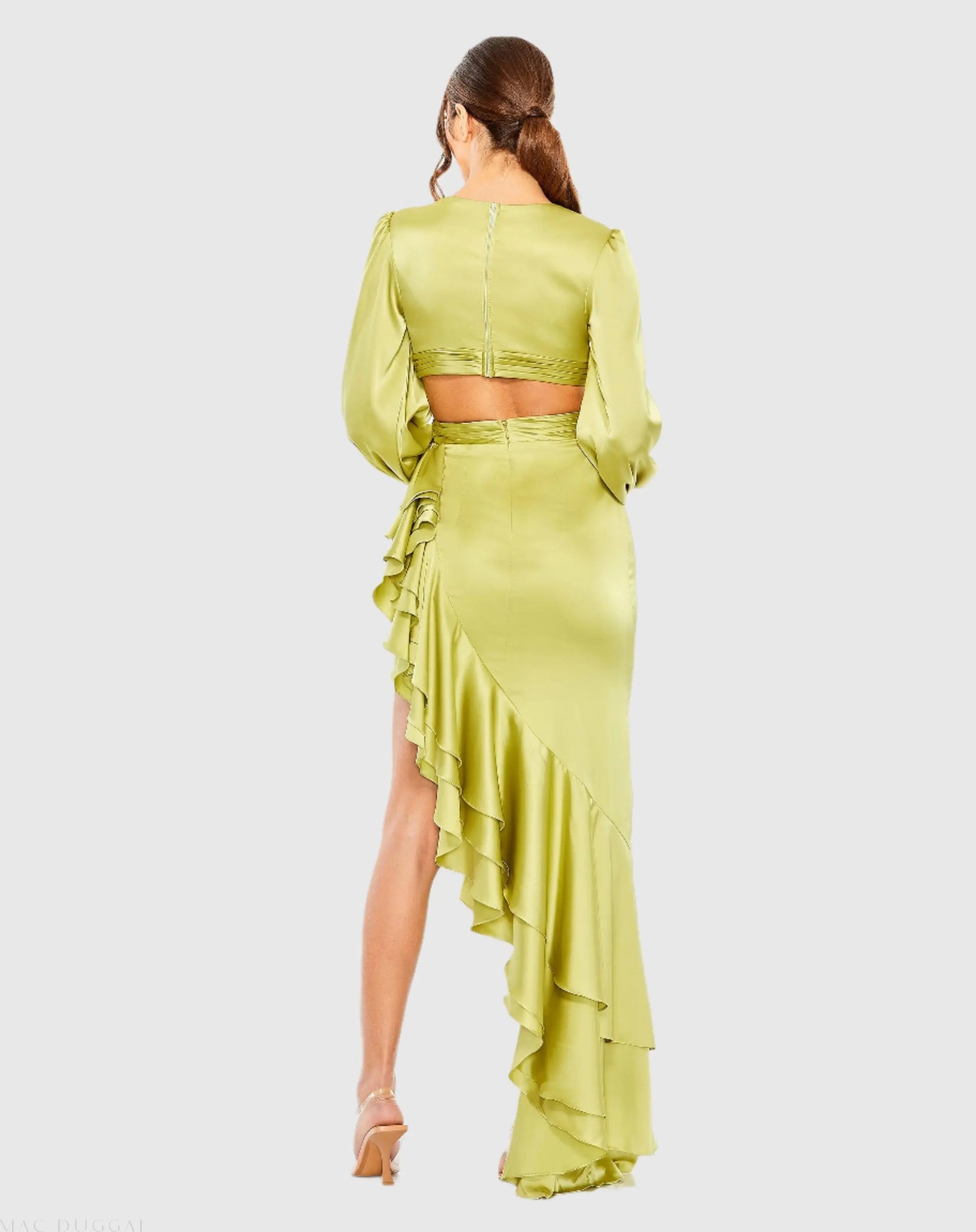 Green Cut Out Asymmetrical Ruffled Gown - Ieena for Mac Duggal