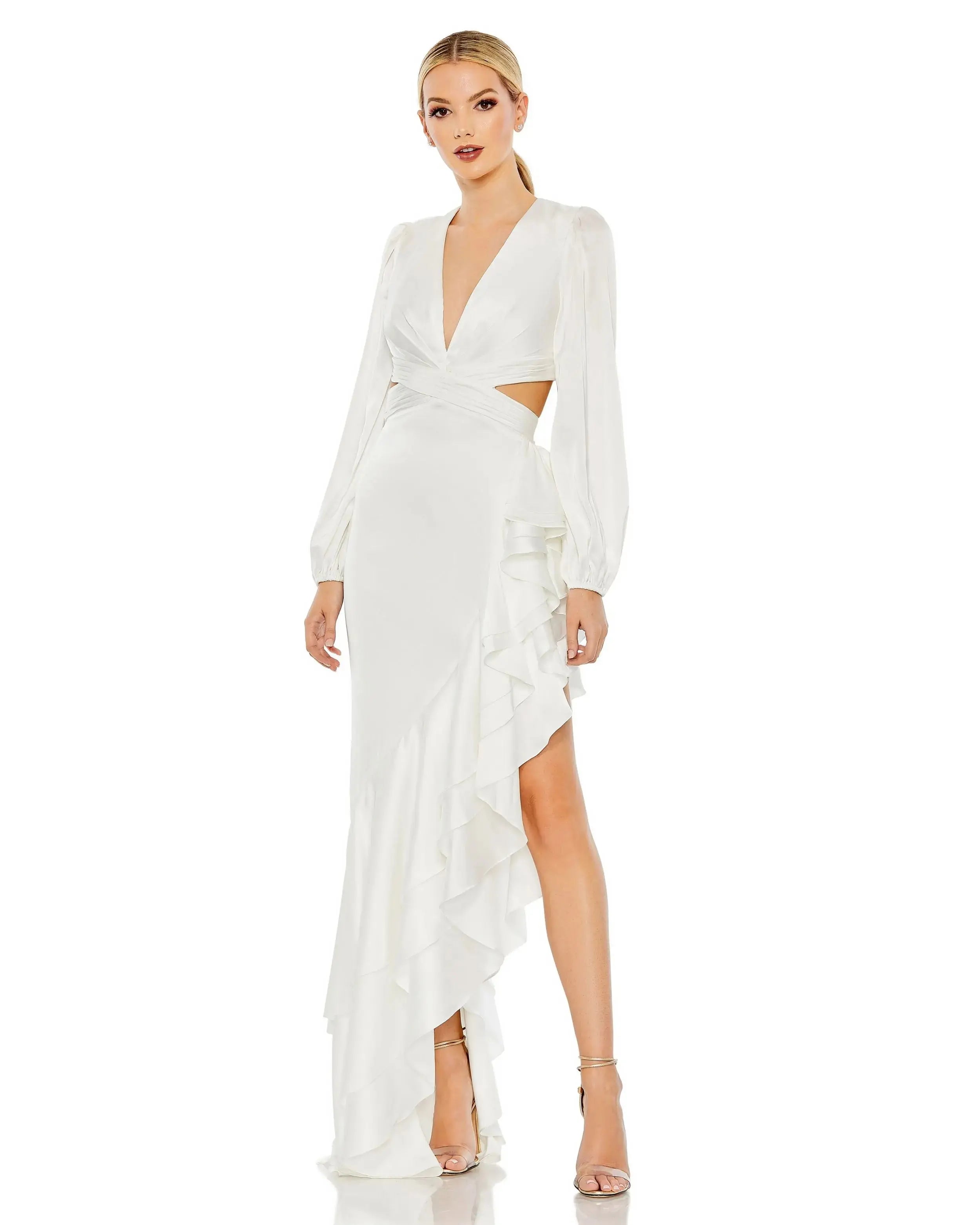 Cut Out Asymmetrical Ruffled Gown