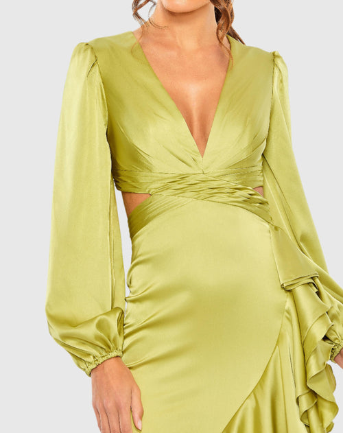 Green Cut Out Asymmetrical Ruffled Gown