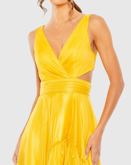 Yellow Cut Out High Low Ruffle Gown