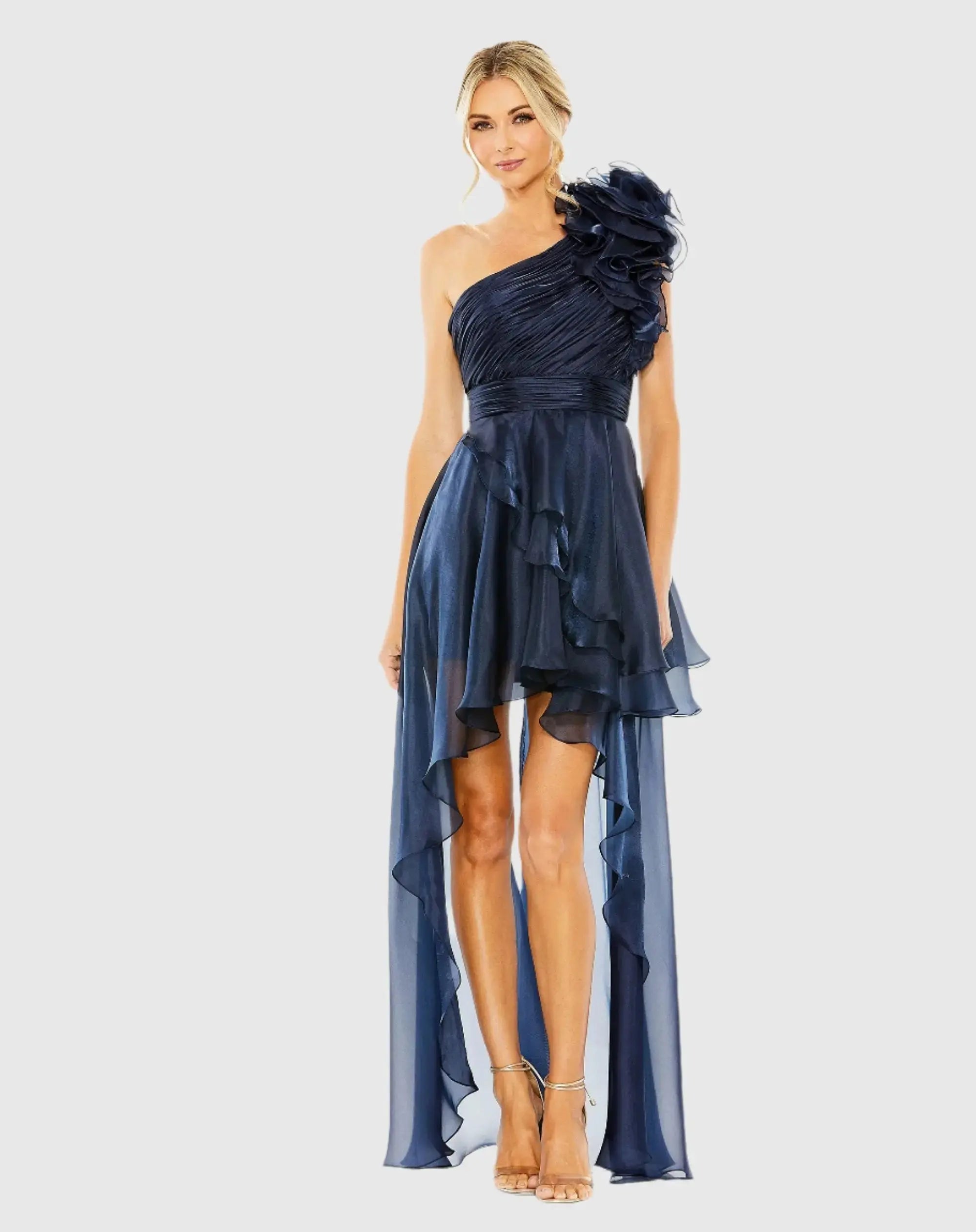 Navy One Shoulder Ruffle High Low Gown - Ieena for Mac Duggal